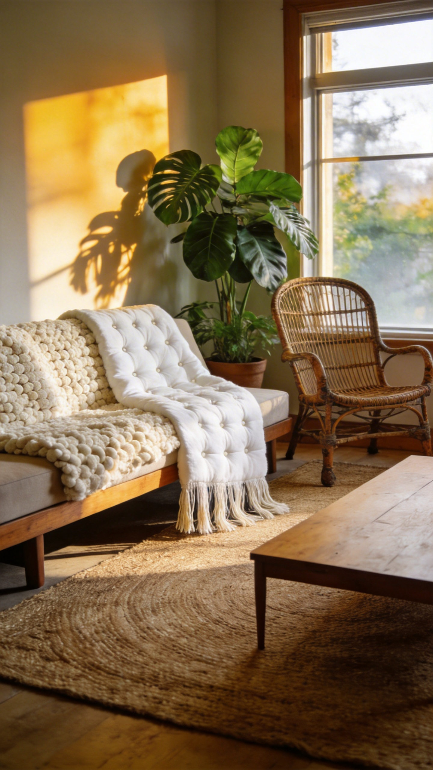 A sunlit bohemian living room with a cream bouclé throw and a tufted blanket draped over wooden and rattan furniture to create a cozy, tactile atmosphere.