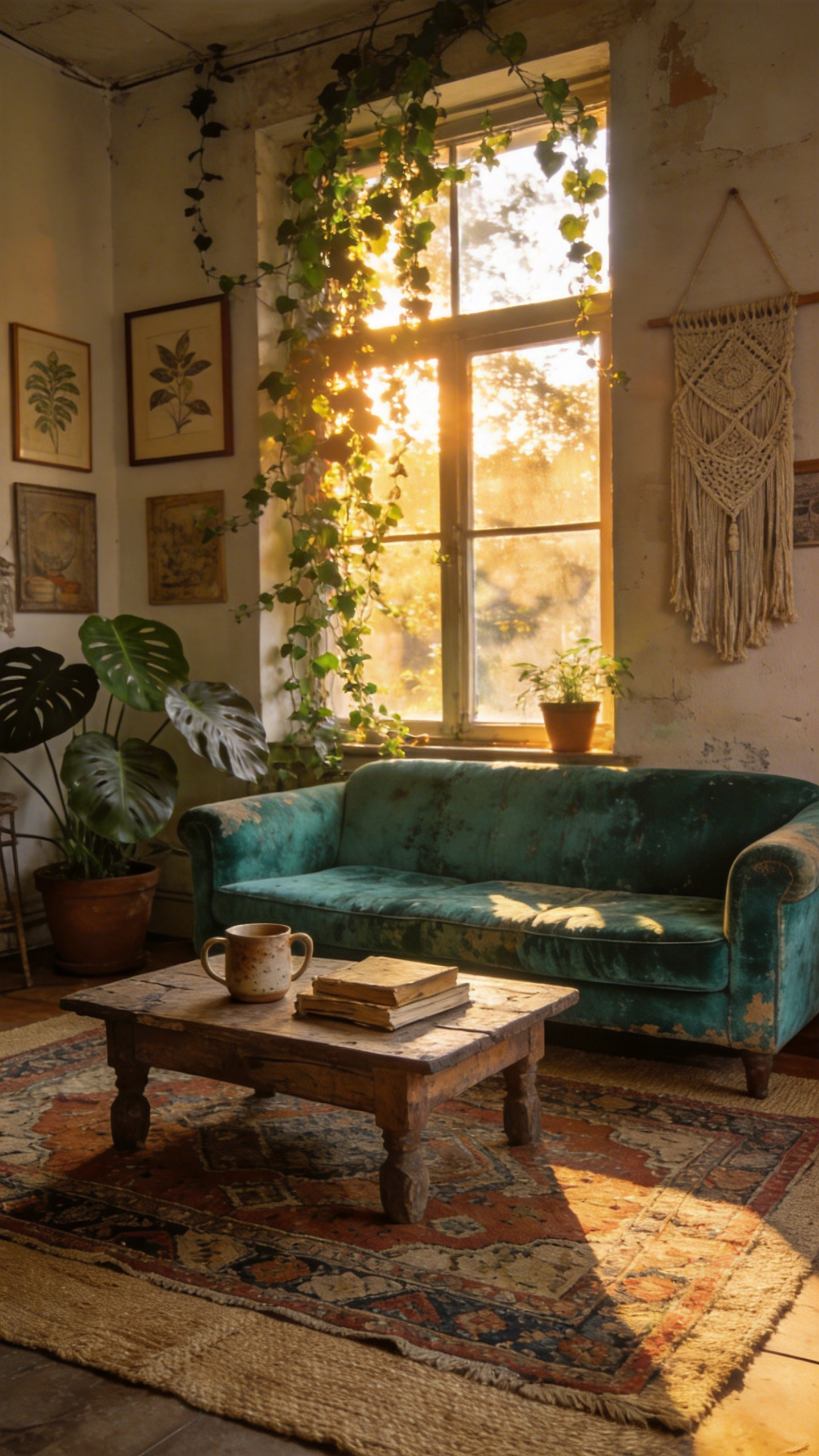 A vibrant and eclectic bohemian living room with a vintage velvet sofa, layered rugs, and sunlit indoor plants.