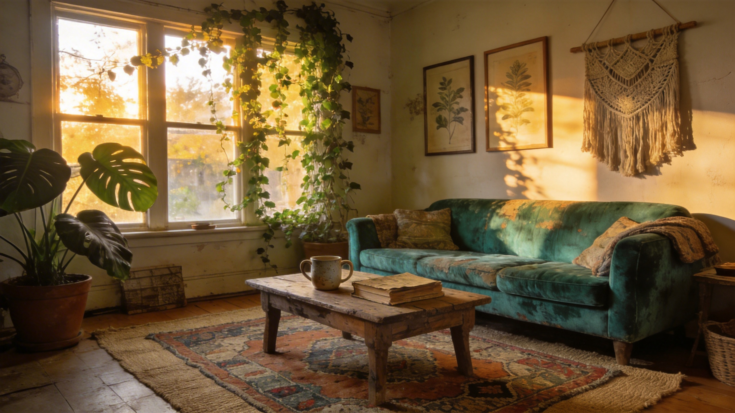 A vibrant and eclectic bohemian living room with a vintage velvet sofa, layered rugs, and sunlit indoor plants.