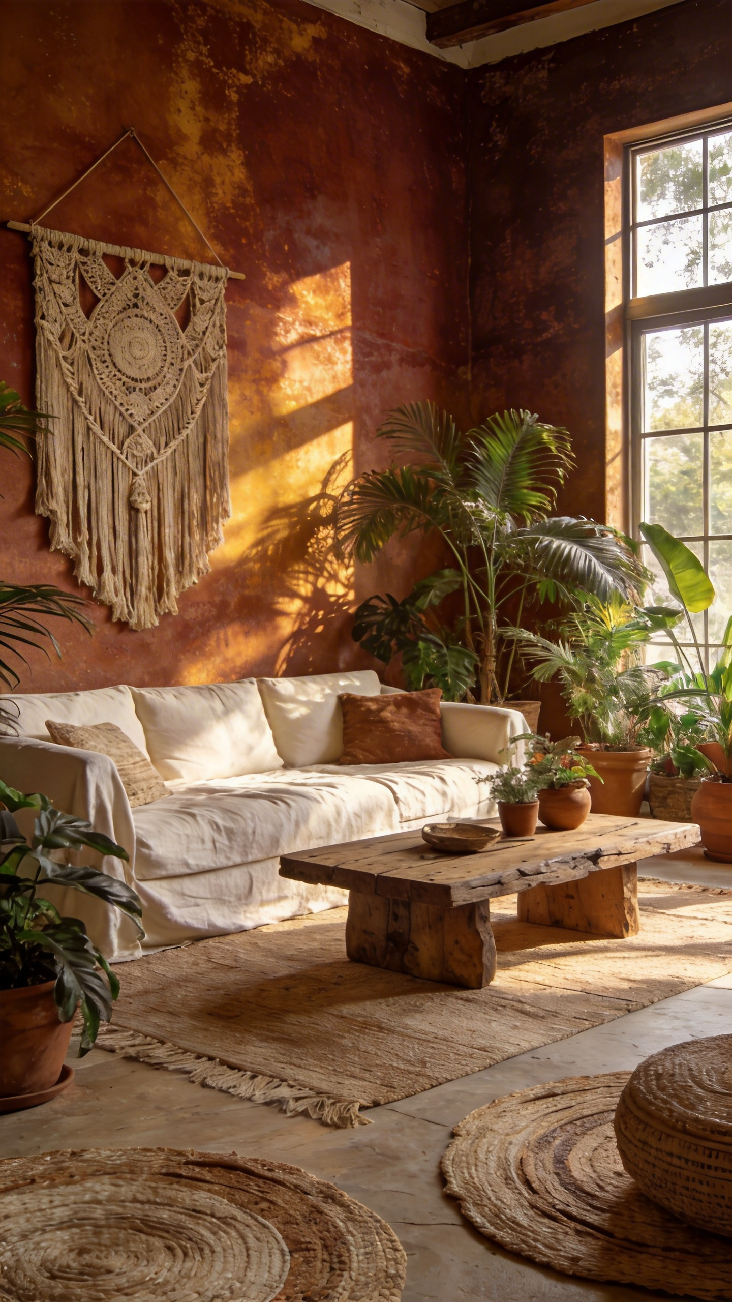 A boho living room featuring textured earth-toned mineral walls, natural wood furniture, and lush green plants in diffused sunlight.