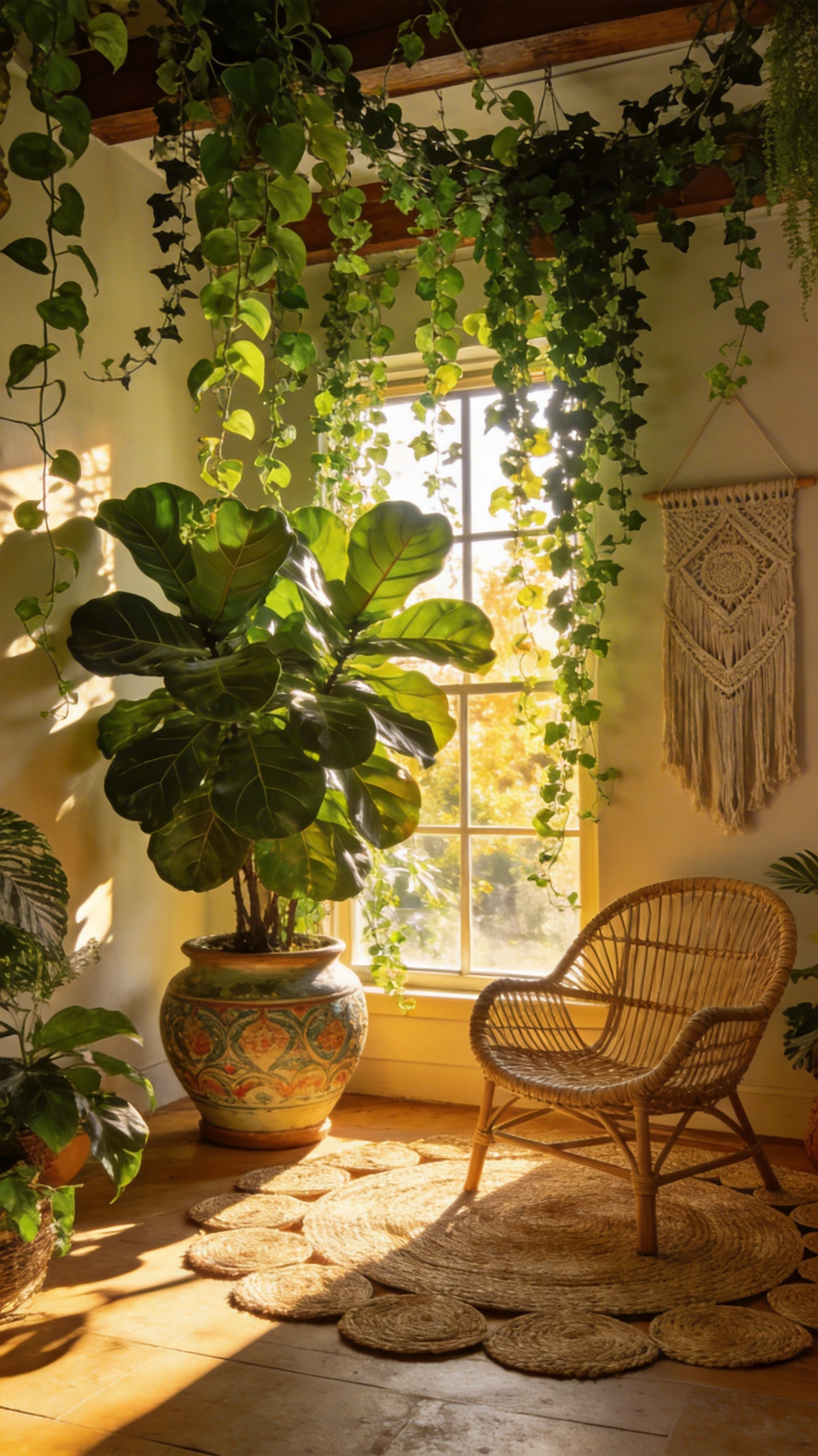 A bright bohemian living room decorated with layered oversized houseplants and trailing vines for a biophilic interior design.