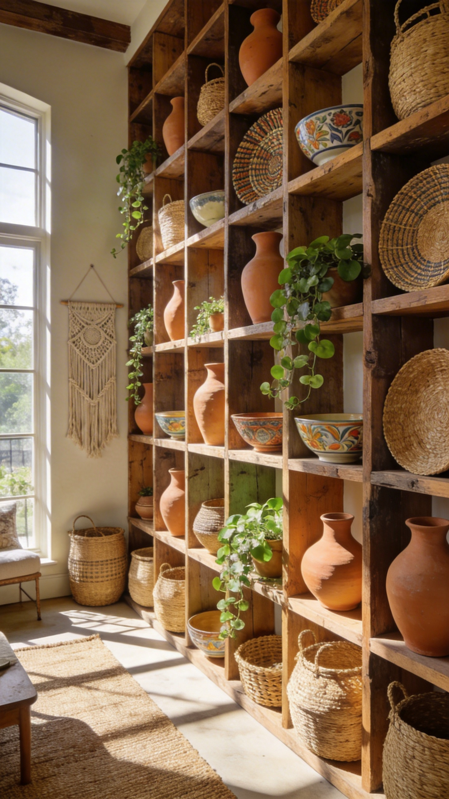 A bright boho living room featuring open wooden shelves decorated with eclectic terracotta pottery, woven baskets, and indoor plants.