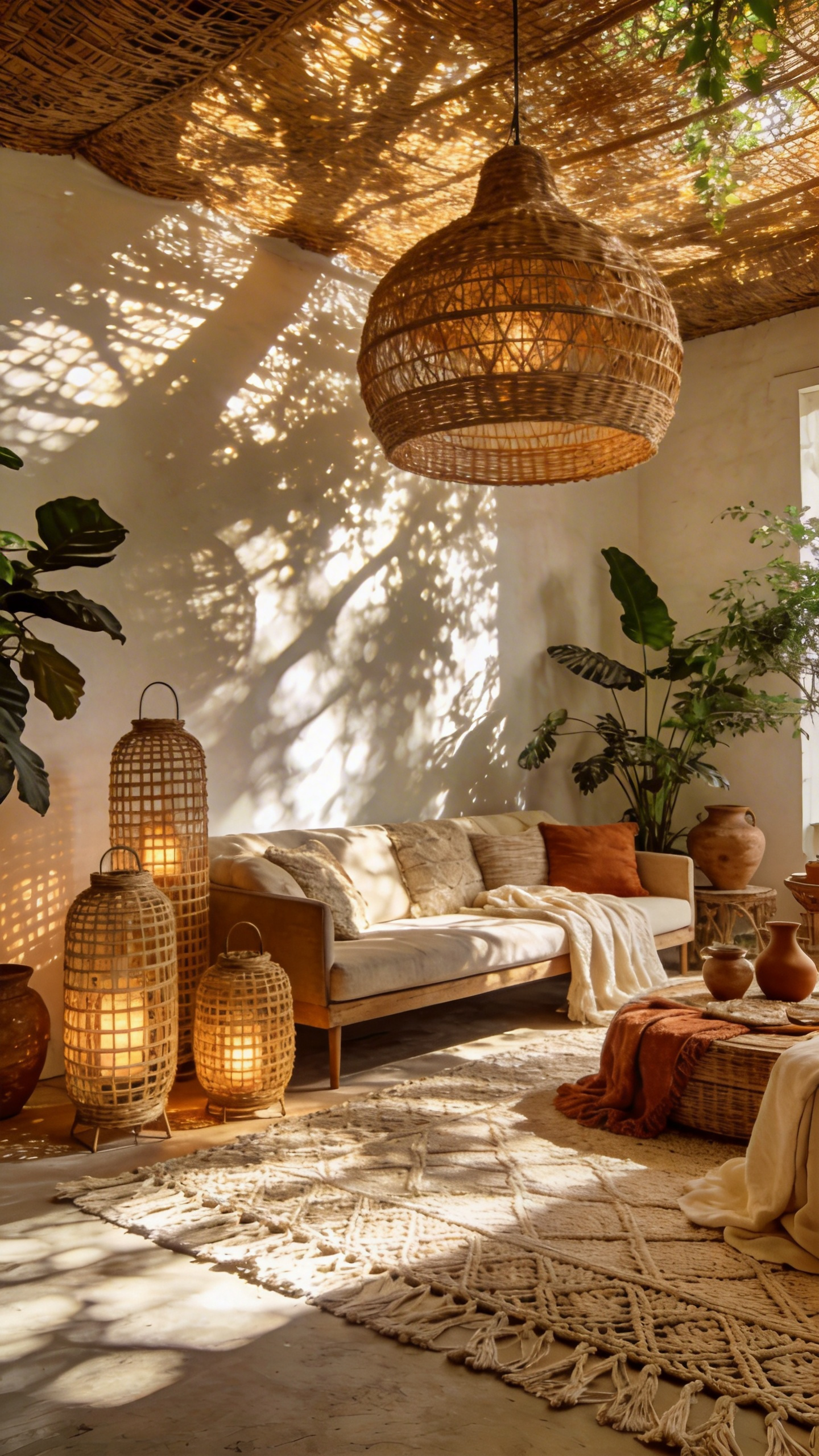 A beautifully decorated boho living room featuring warm light filtering through rattan pendants and floor lanterns to create dappled shadows.