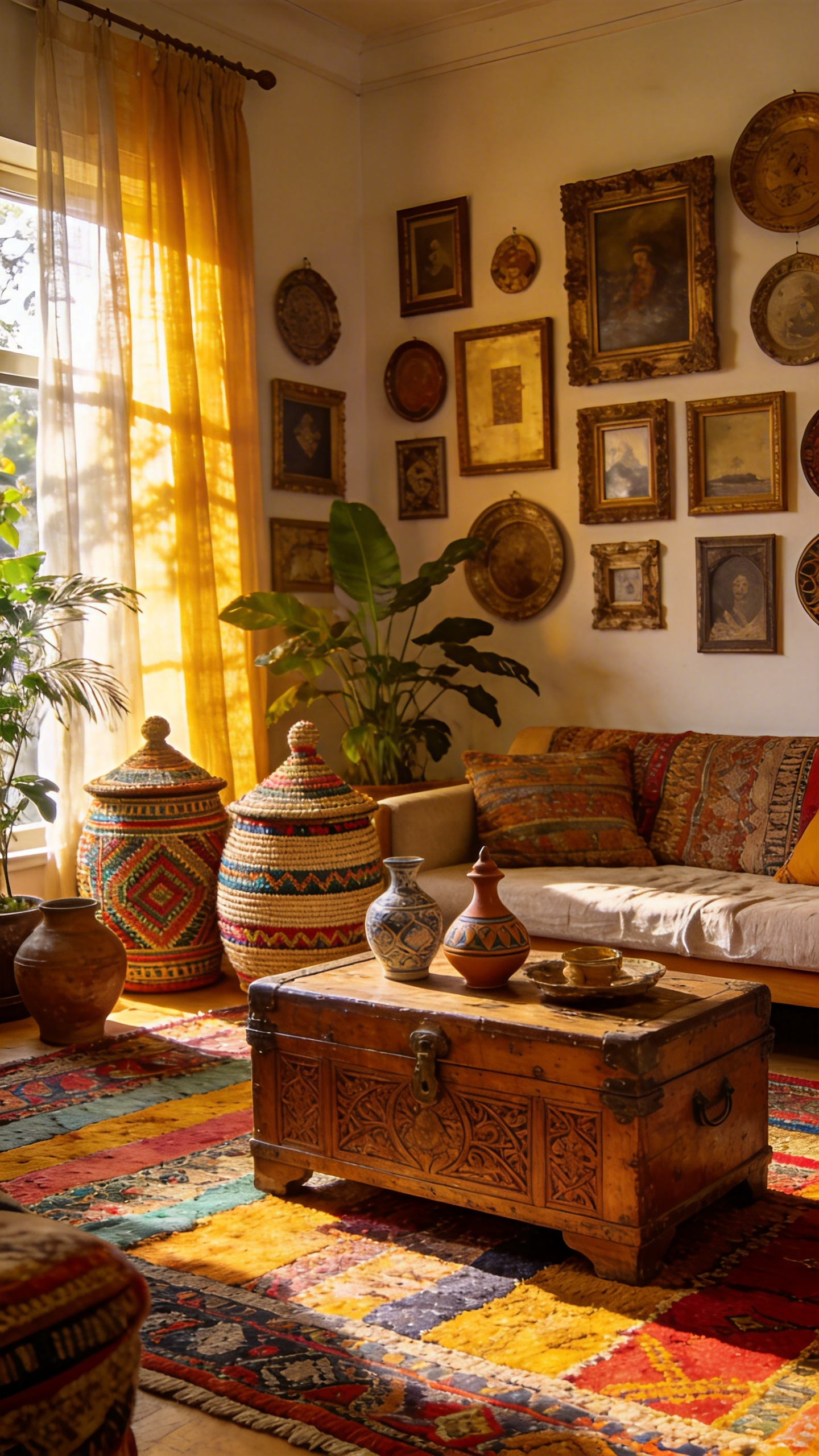 A full view of a boho living room decorated with plush rugs, textured fabrics, and various vintage travel artifacts like woven baskets and wooden furniture.