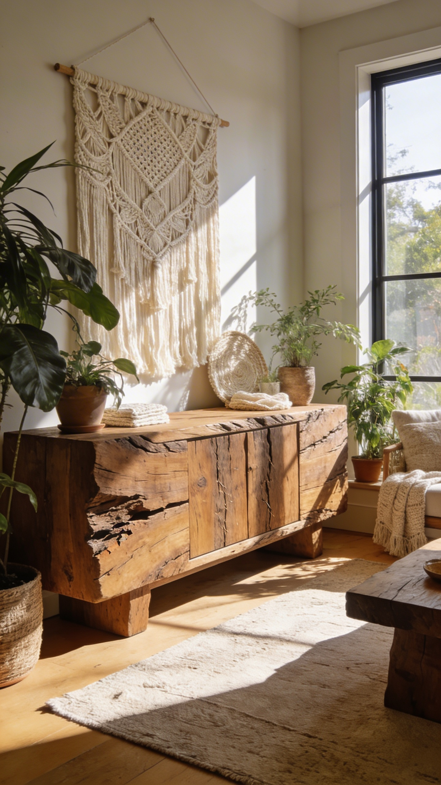 A bright bohemian living room featuring a chunky distressed mango wood sideboard anchoring airy macramé and textile decorations.