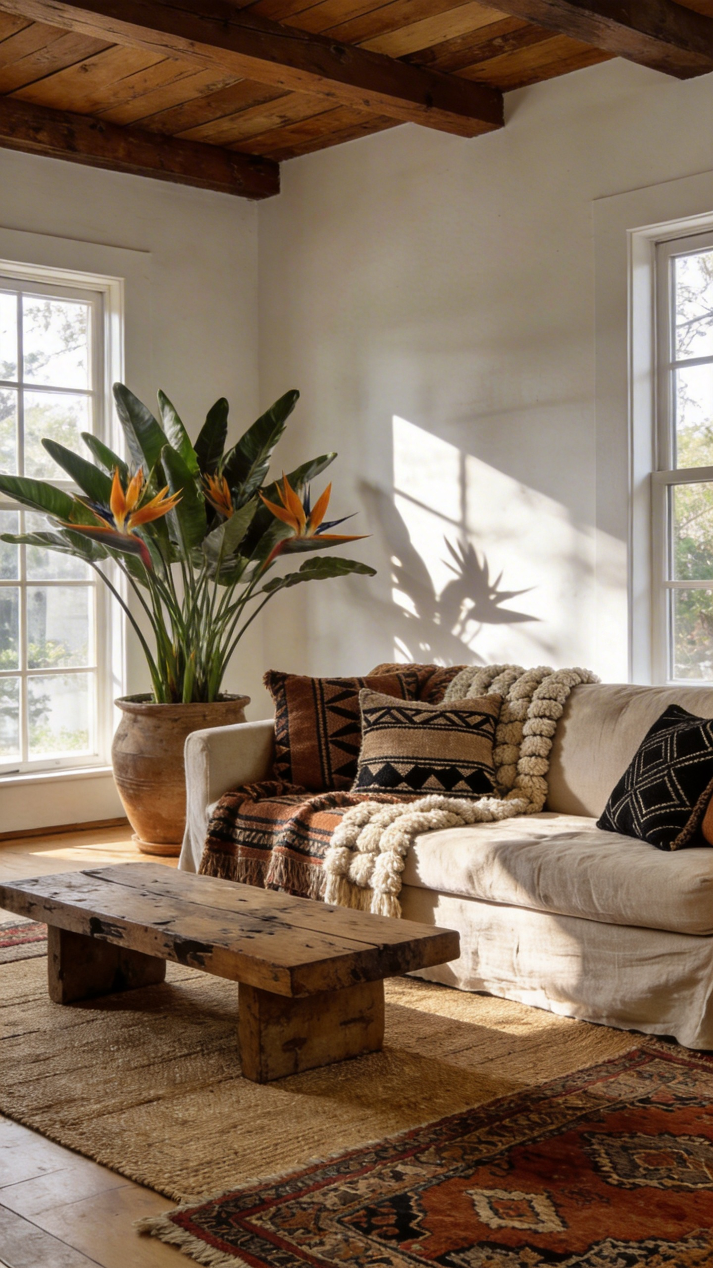 A soulful boho living room featuring authentic Malian mudcloth textiles, earthy decor, and lush greenery in a sunlit interior.