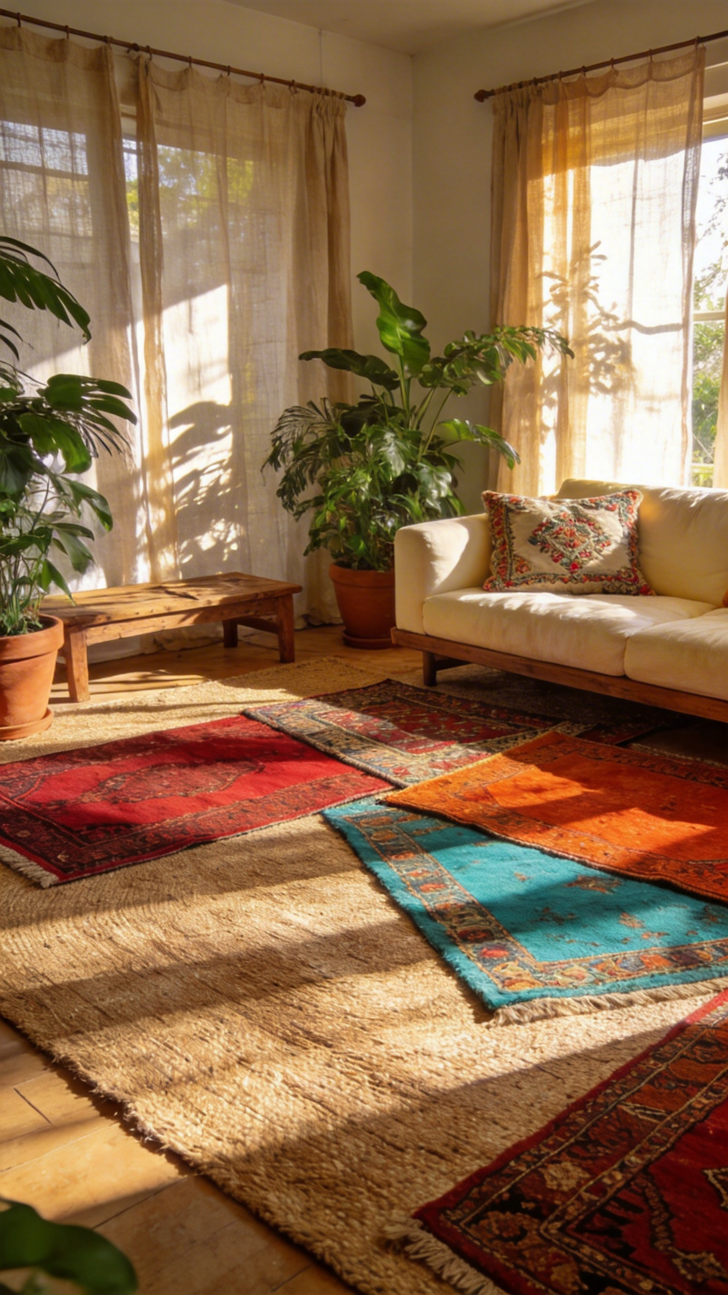 A sun-drenched bohemian living room featuring a large natural jute rug layered with multiple colorful vintage global textiles.