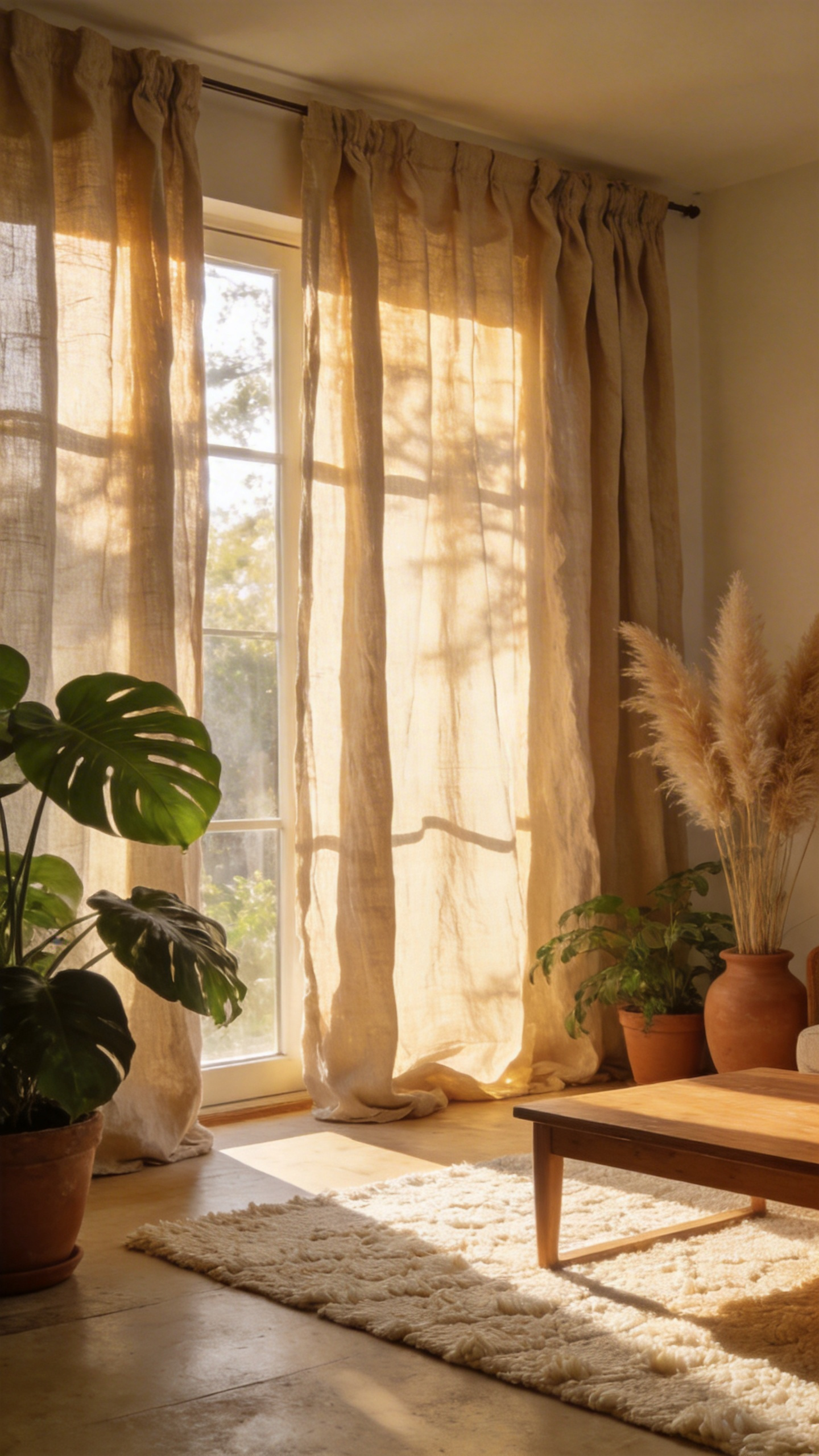 Airy bohemian living room featuring light-filtering stonewashed linen curtains that diffuse warm sunlight across a cozy interior.