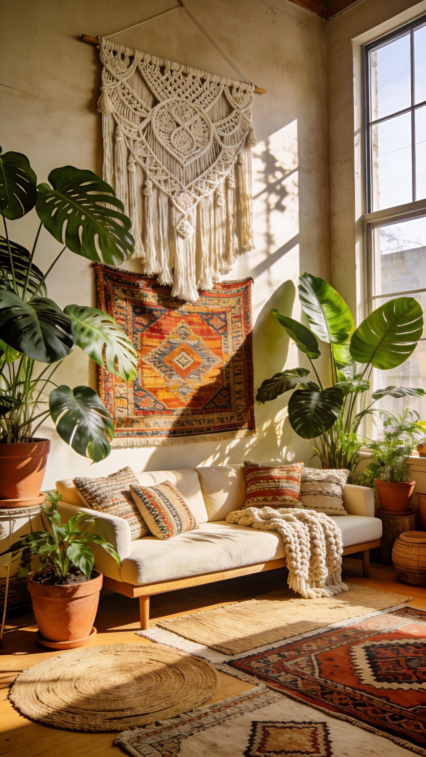 A bright boho living room decorated with a large macramé wall hanging, vibrant tapestries, and lush indoor plants.