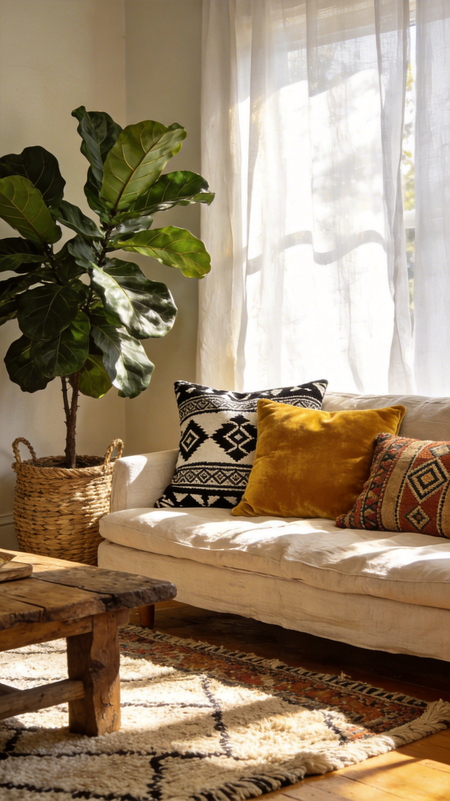 A bohemian living room sofa decorated with a balanced mix of mudcloth, velvet, and kilim throw pillows under soft natural light.