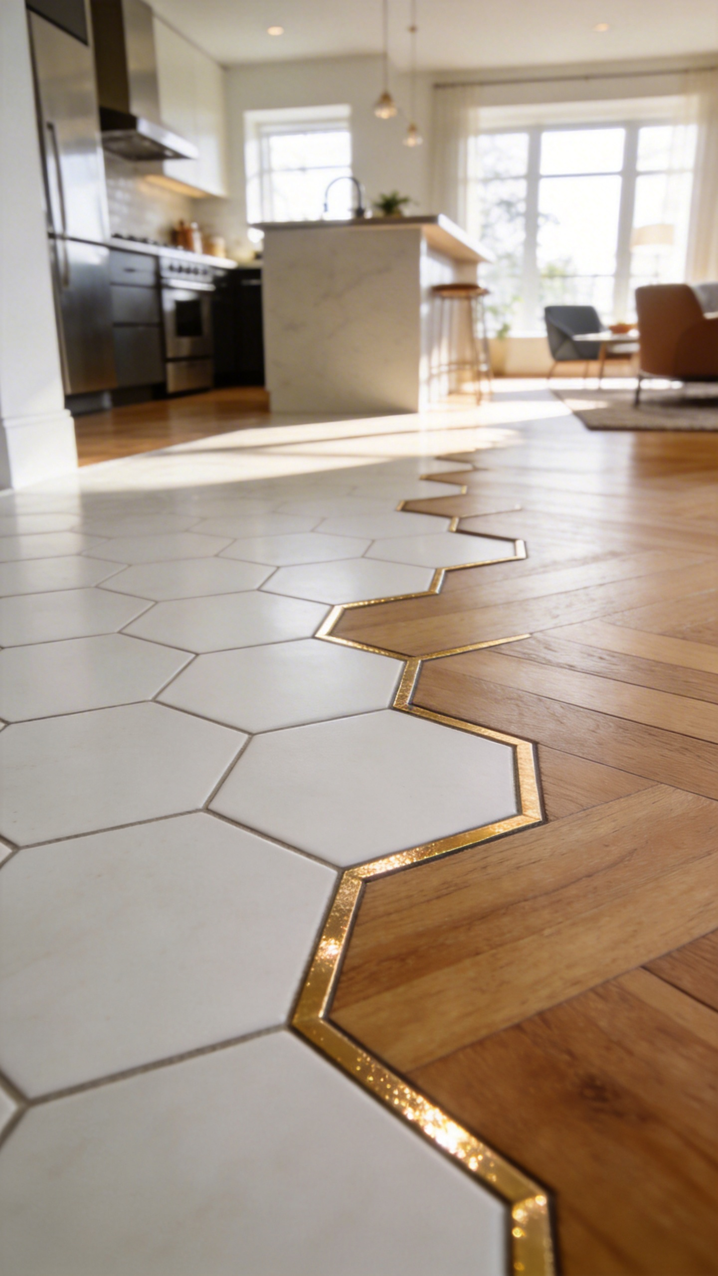 An open-concept floor design featuring white hexagon tiles transitioning into oak hardwood with decorative brass inlay accents.