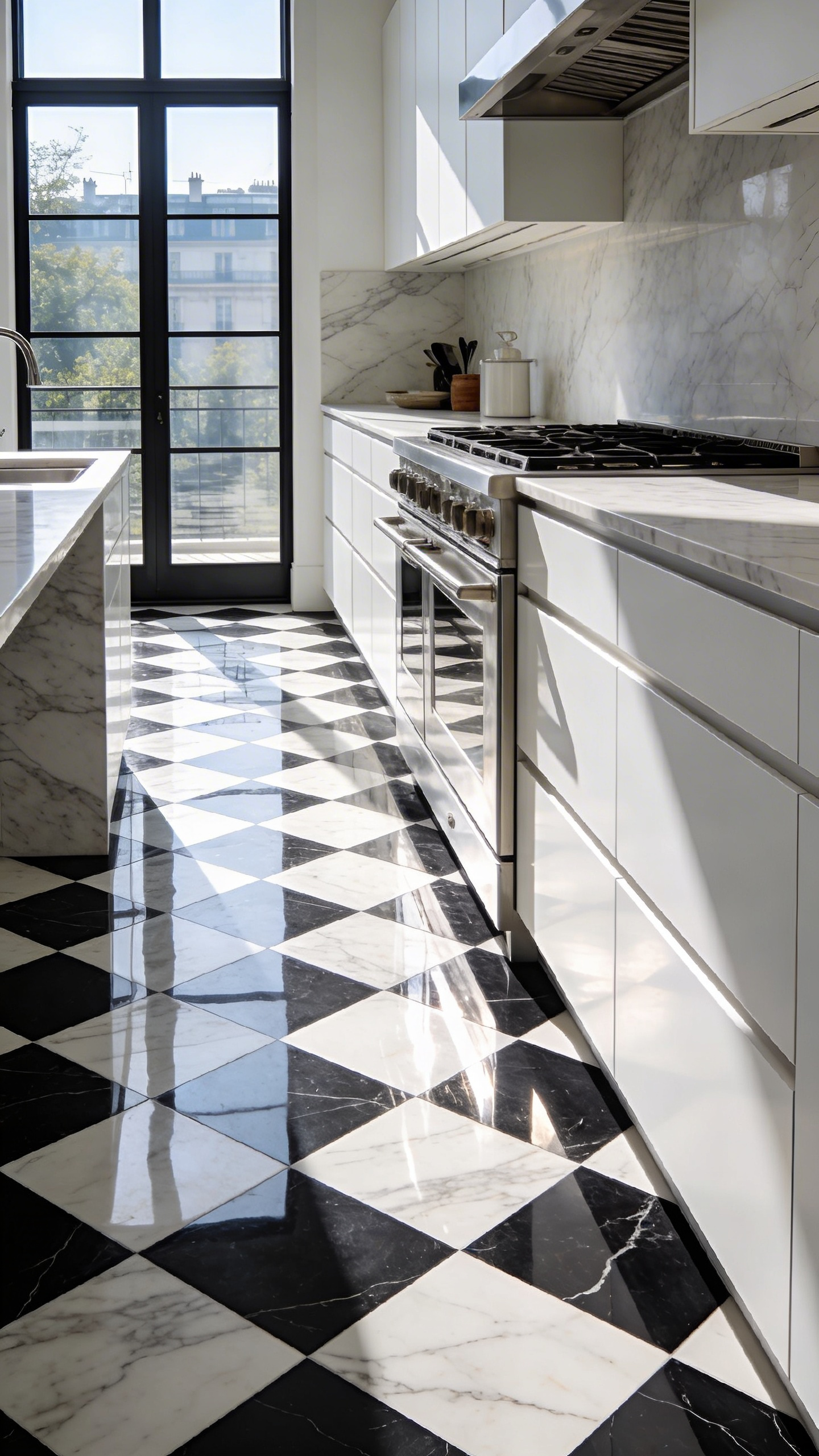 A luxurious kitchen with a high-contrast black and white marble checkerboard floor laid in a diagonal pattern to widen the room.