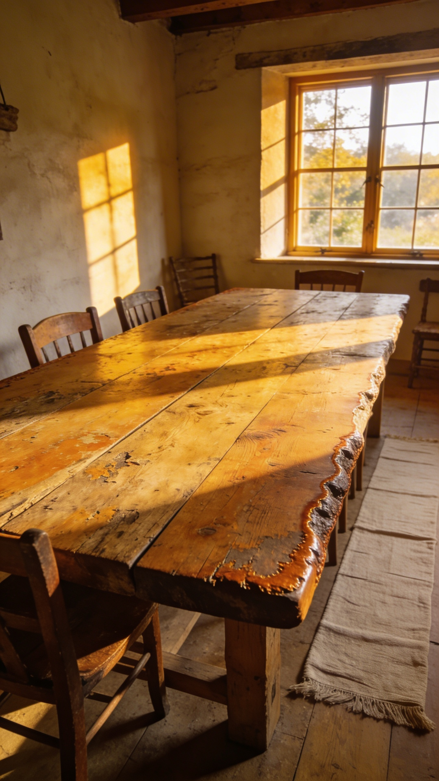 A full view of a rustic farmhouse dining table featuring authentic wood patina and natural wear in a sun-drenched room.