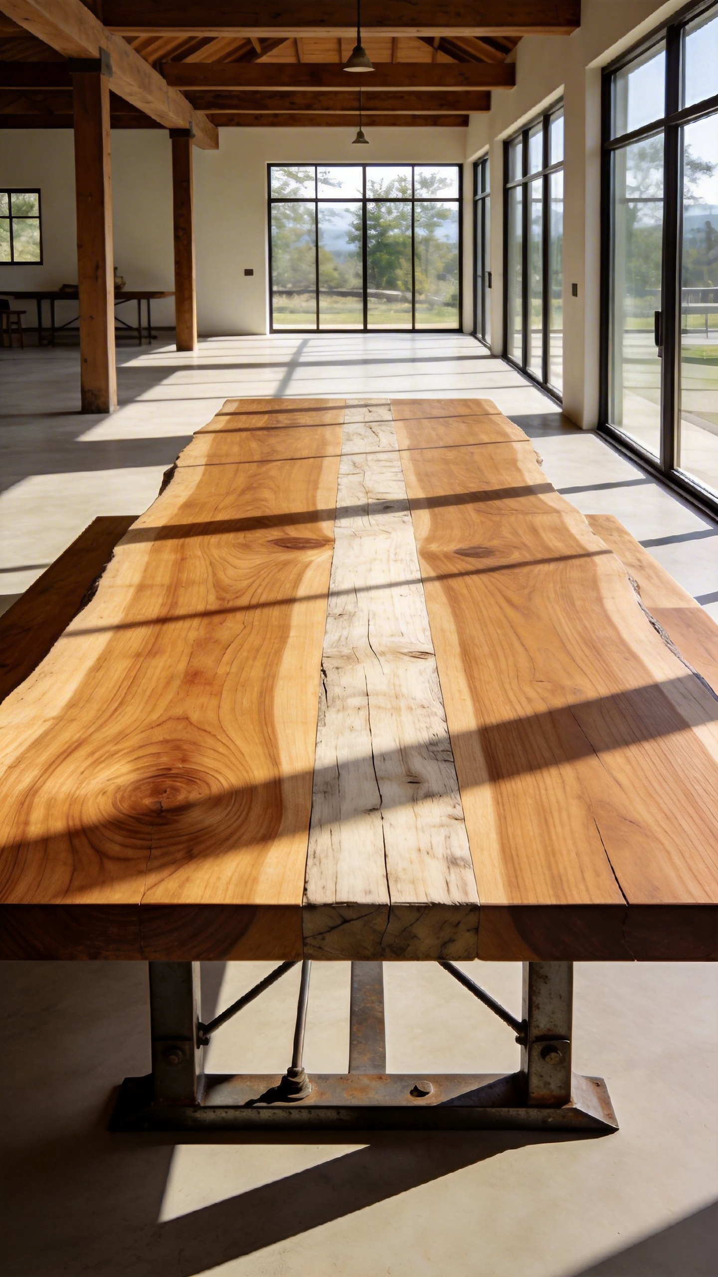A high-end farmhouse dining table showcasing the intricate grain of white oak and pine in a sunlit architectural space.