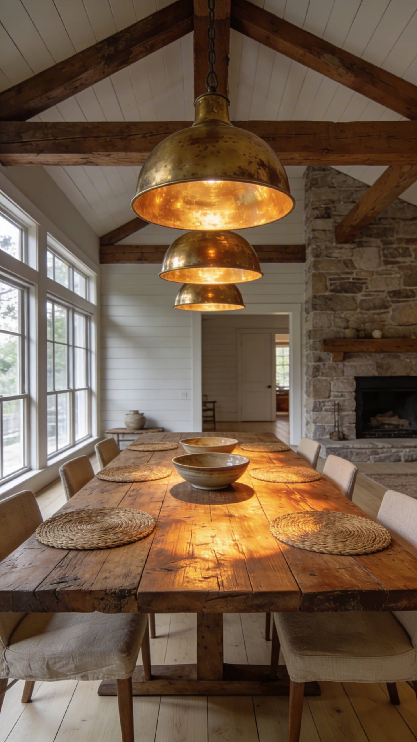 A large reclaimed wood farmhouse dining table illuminated by warm amber light from overhead brass pendant fixtures in a bright room.