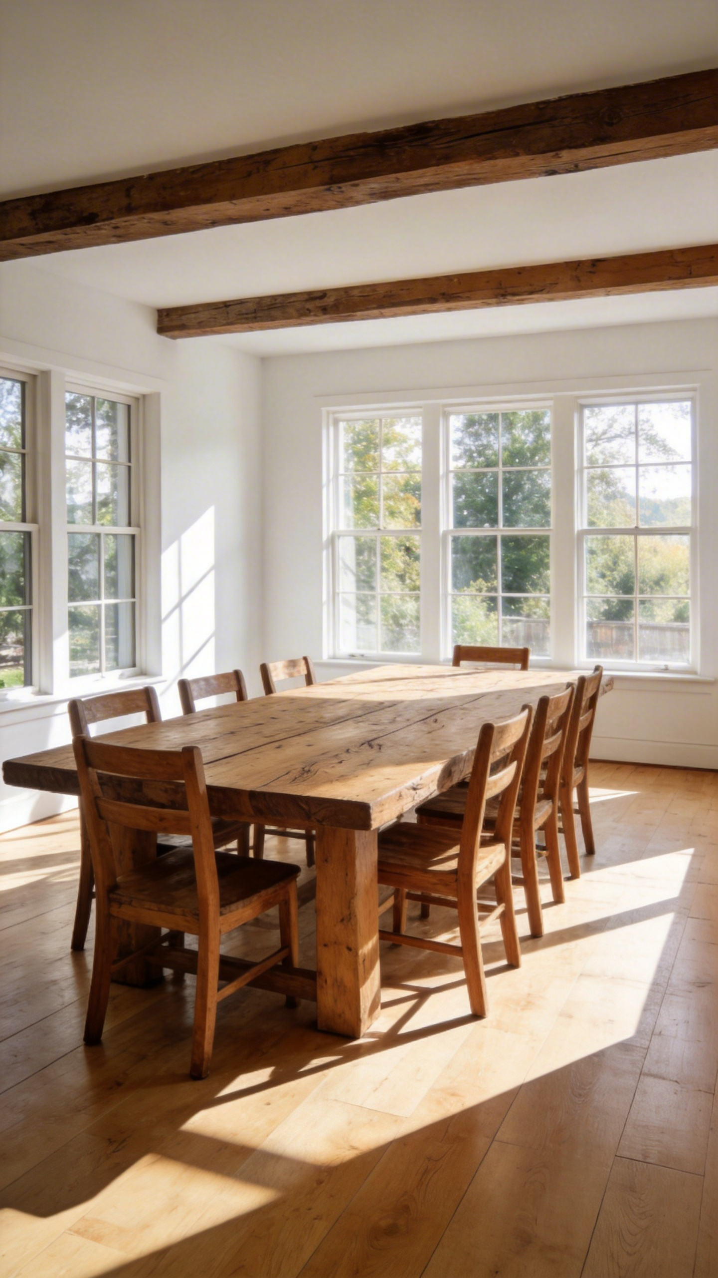 A large solid oak farmhouse dining table and chairs centered in a spacious, sunlit dining room showing plenty of open floor space.