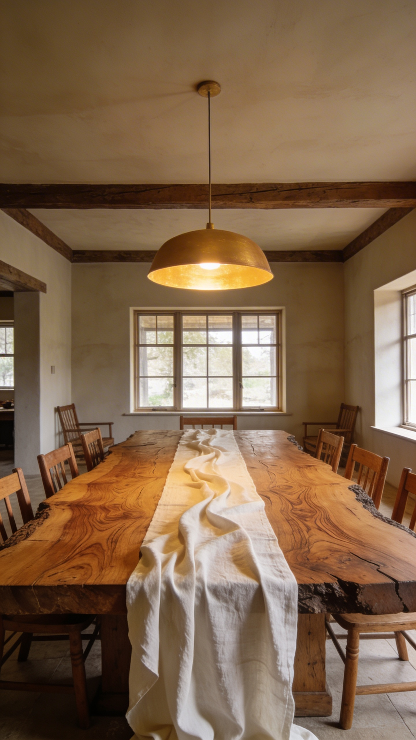 A solid wood farmhouse dining table layered with a Belgian linen runner under warm 2700K lighting in a bright dining room.