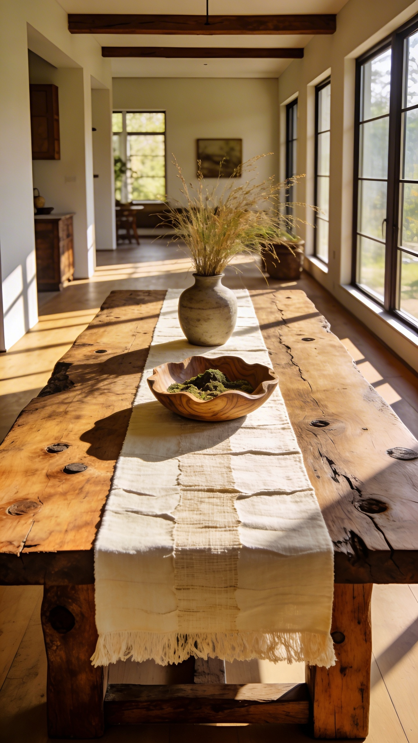 A rustic farmhouse dining table with a textured wood surface and a thick linen runner in a sunlit modern dining room.