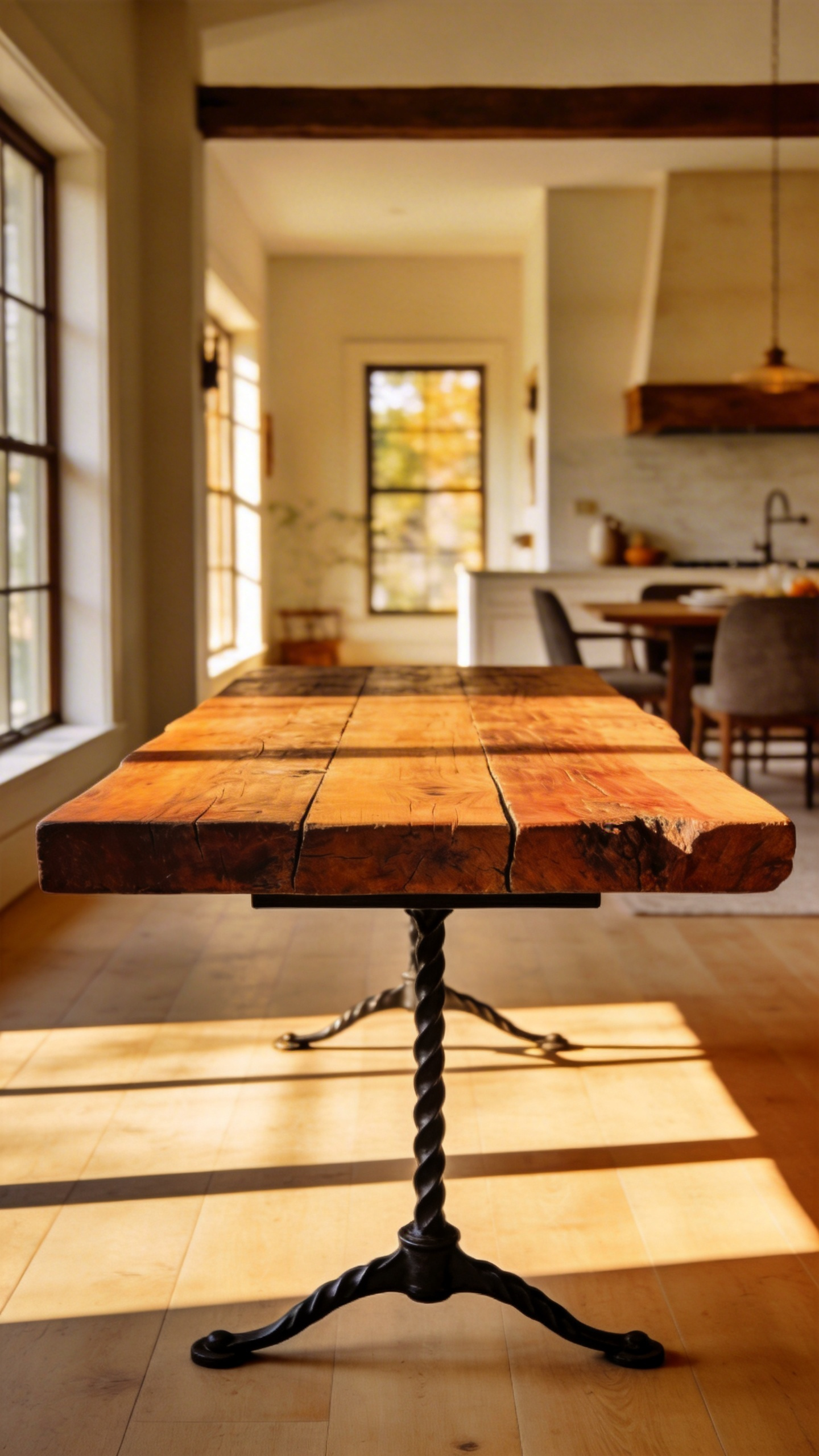 A modern farmhouse dining table with a thick reclaimed wood top and a thin hand-forged iron base in a sunlit room.
