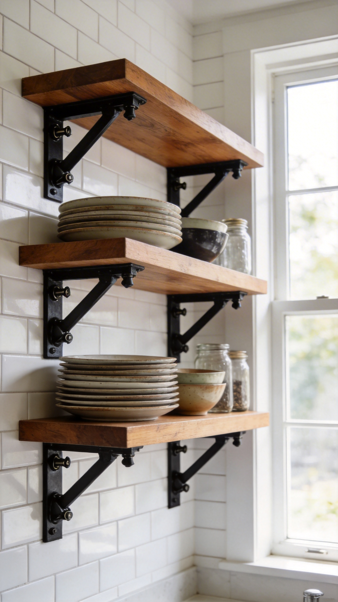 High-quality wooden kitchen shelves mounted with industrial metal brackets holding heavy ceramic plates and bowls on a tiled wall.