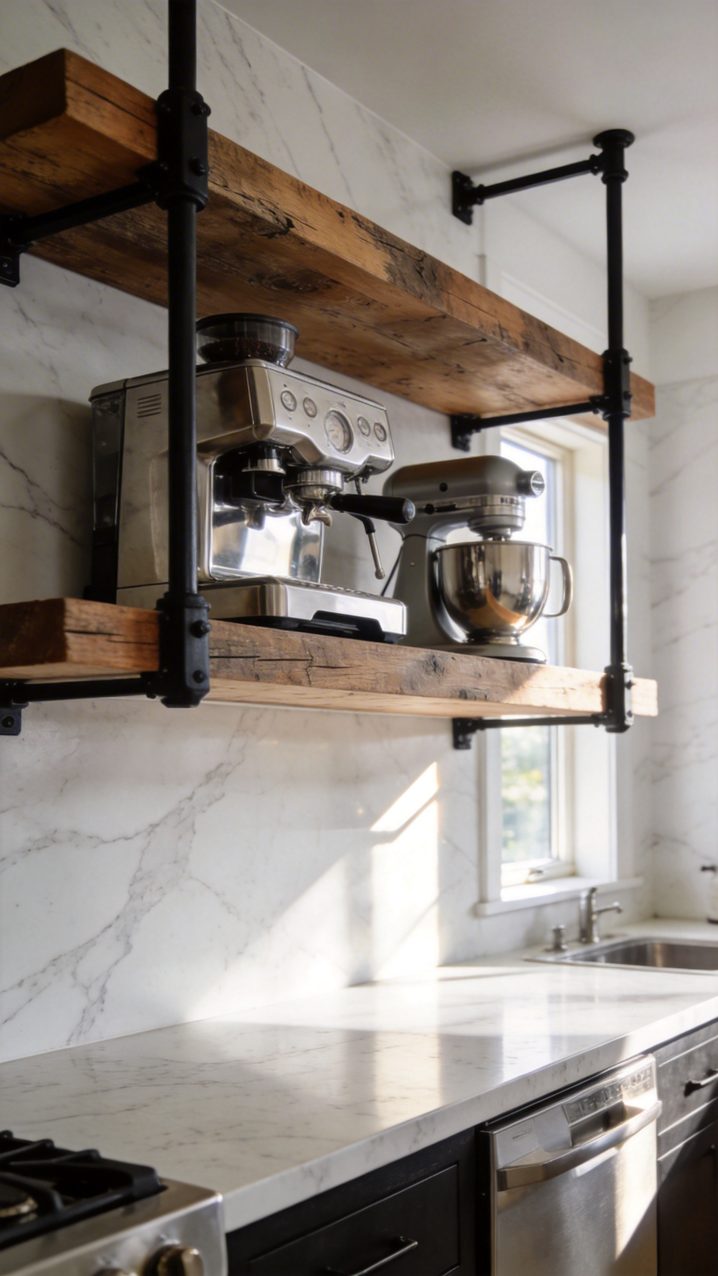 Modern kitchen featuring heavy-duty wood and metal open shelving holding a professional espresso machine and stand mixer against a marble backsplash.