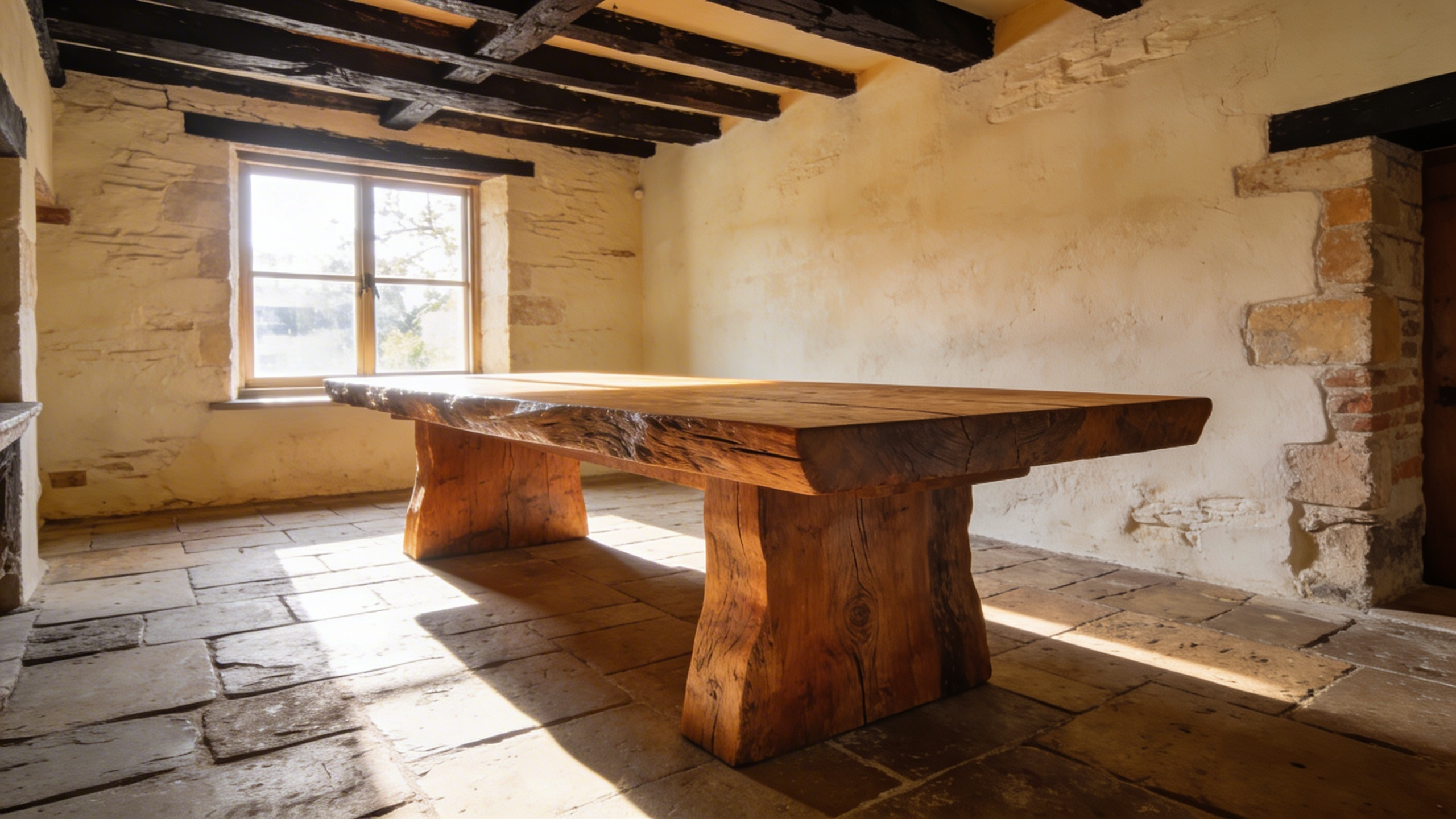 A sturdy, handcrafted farmhouse dining table made from thick oak planks in a rustic, sunlit dining room with stone floors and exposed beams.