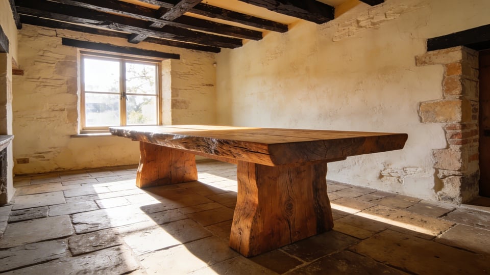 A sturdy, handcrafted farmhouse dining table made from thick oak planks in a rustic, sunlit dining room with stone floors and exposed beams.