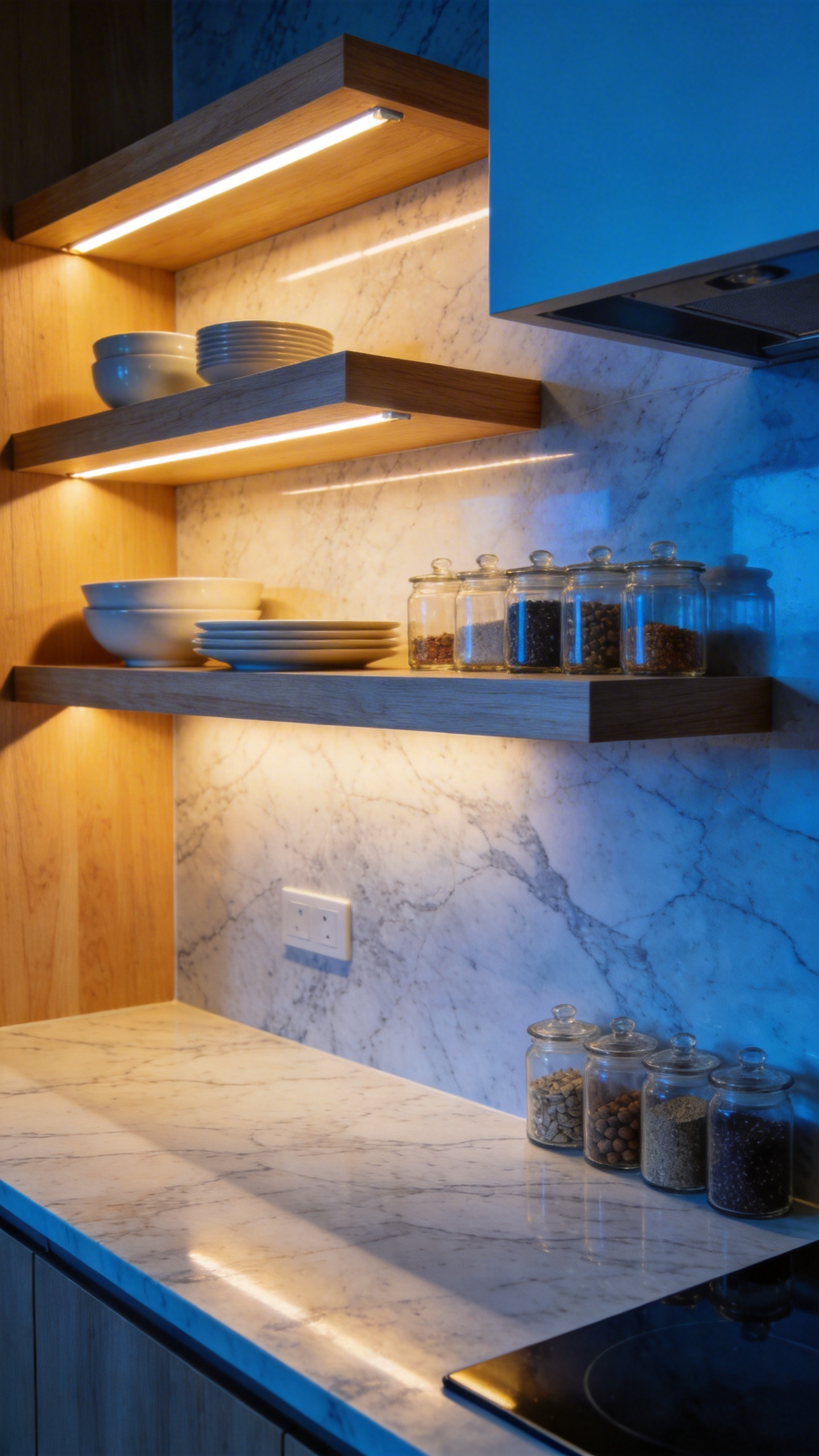 Wide view of modern oak kitchen storage shelves with seamless integrated LED lighting channels glowing over an organized counter.