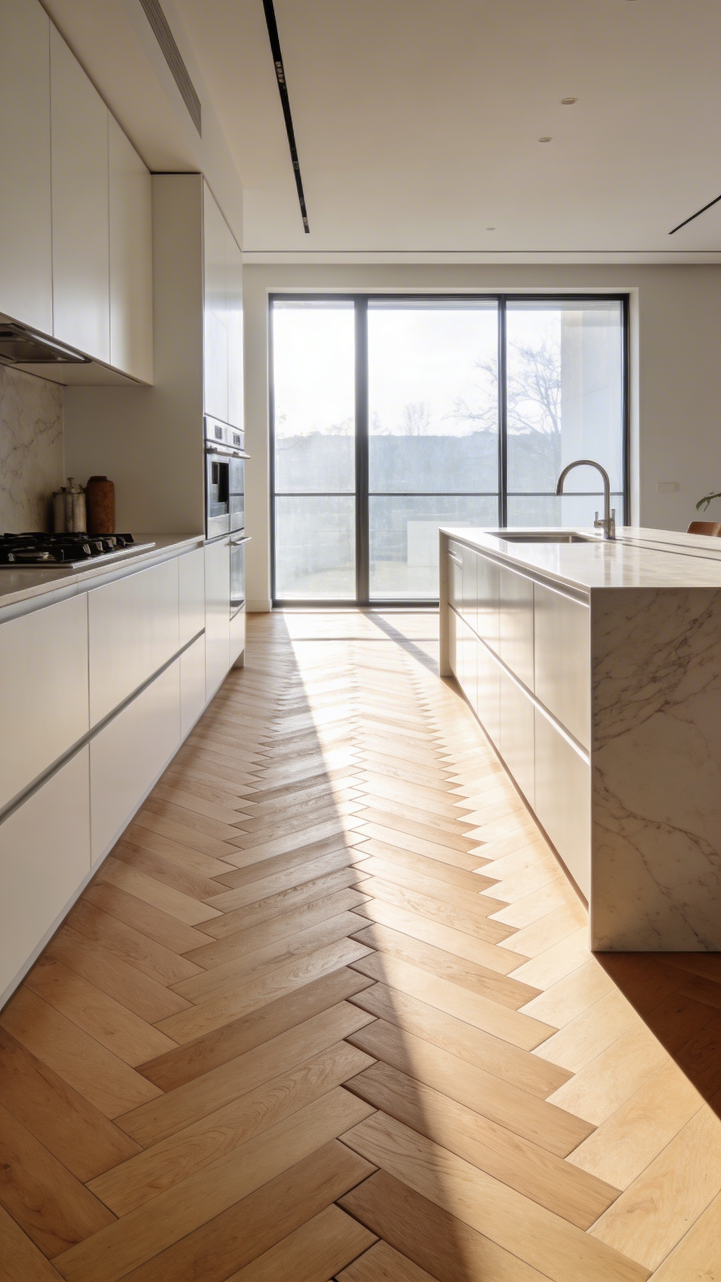 A modern kitchen with light oak chevron parquet flooring that creates a directional arrow pattern leading toward a large sunny window.