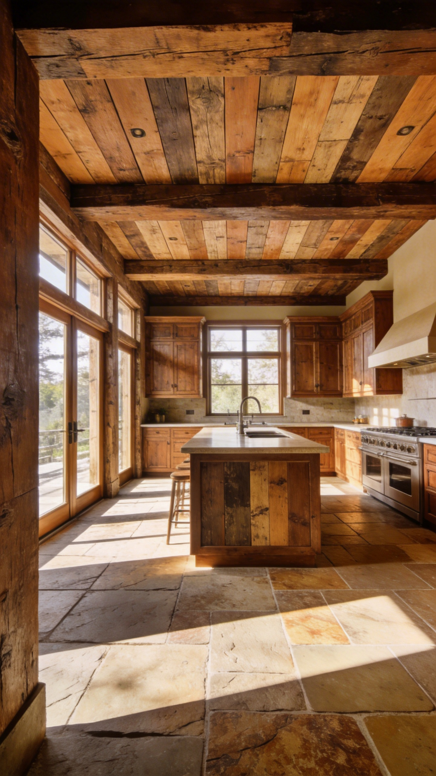 High-end kitchen design featuring a mix of reclaimed heritage wood and natural stone flooring illuminated by warm sunlight.