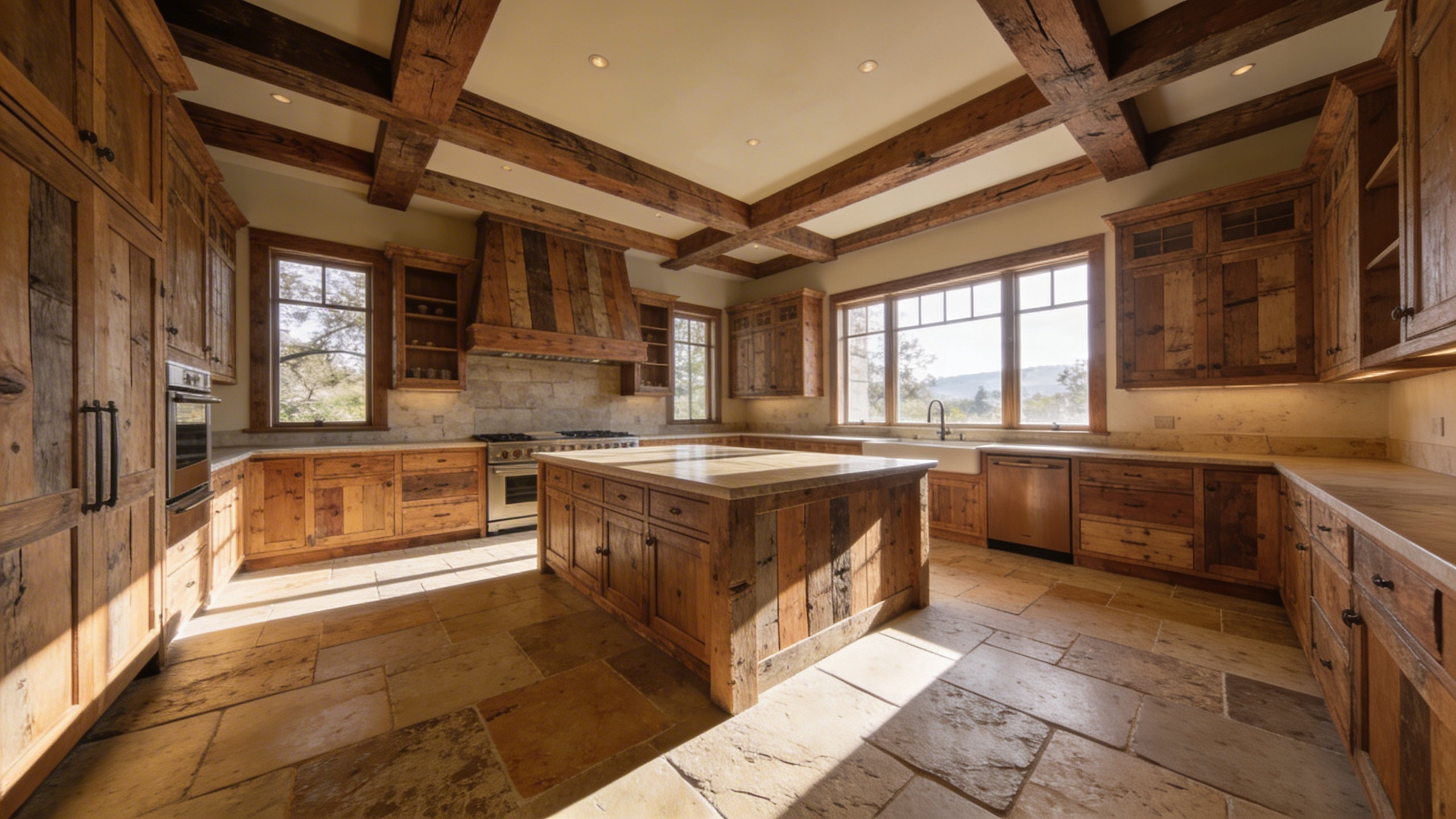 High-end kitchen design featuring a mix of reclaimed heritage wood and natural stone flooring illuminated by warm sunlight.