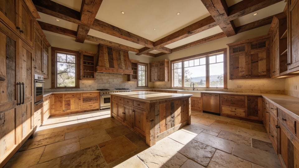 High-end kitchen design featuring a mix of reclaimed heritage wood and natural stone flooring illuminated by warm sunlight.