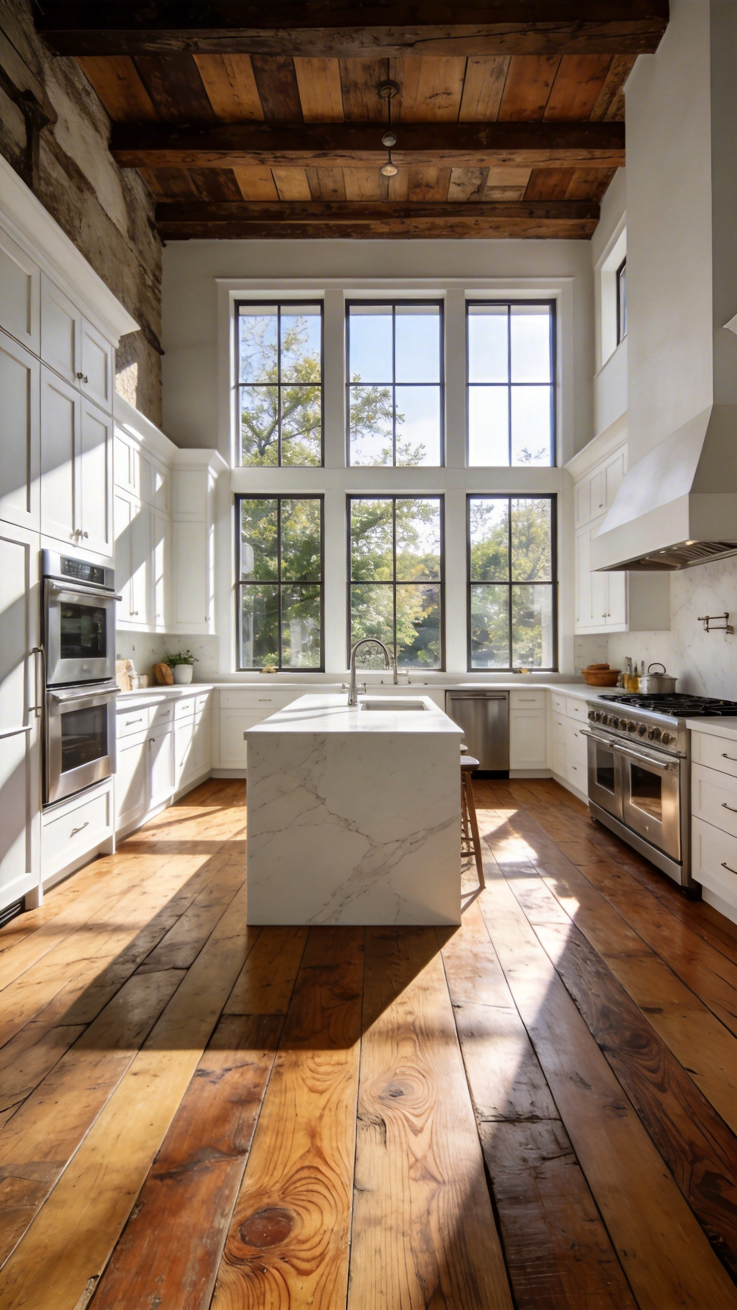High-end kitchen featuring wide-plank reclaimed French oak flooring with a natural historical patina and warm wood tones.