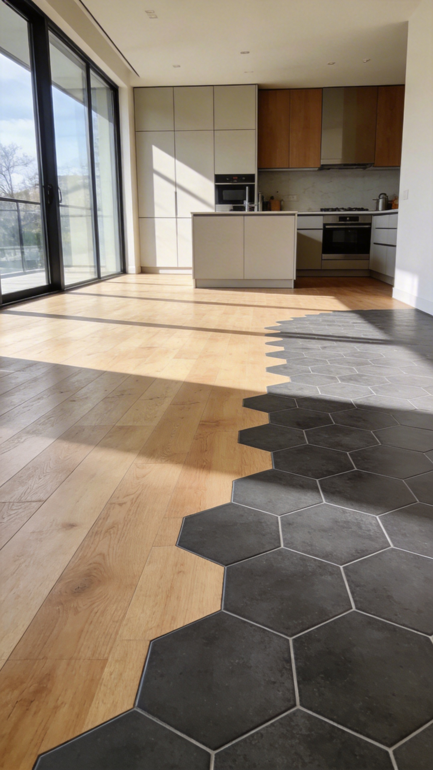 Modern kitchen floor featuring a seamless transition where light oak wood planks meet grey hexagonal porcelain tiles in a decorative dissolving pattern.