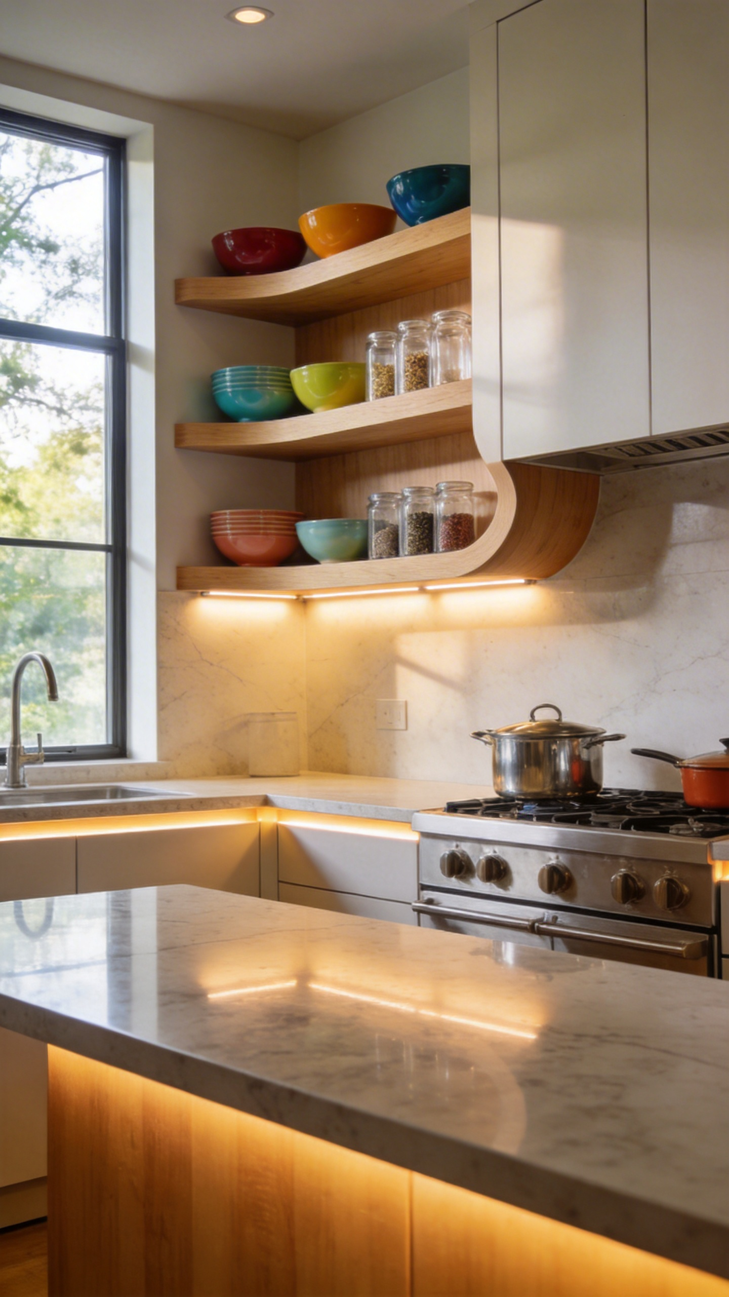 Modern kitchen interior with open oak storage shelves positioned at an ergonomic height for easy reach and daily efficiency.