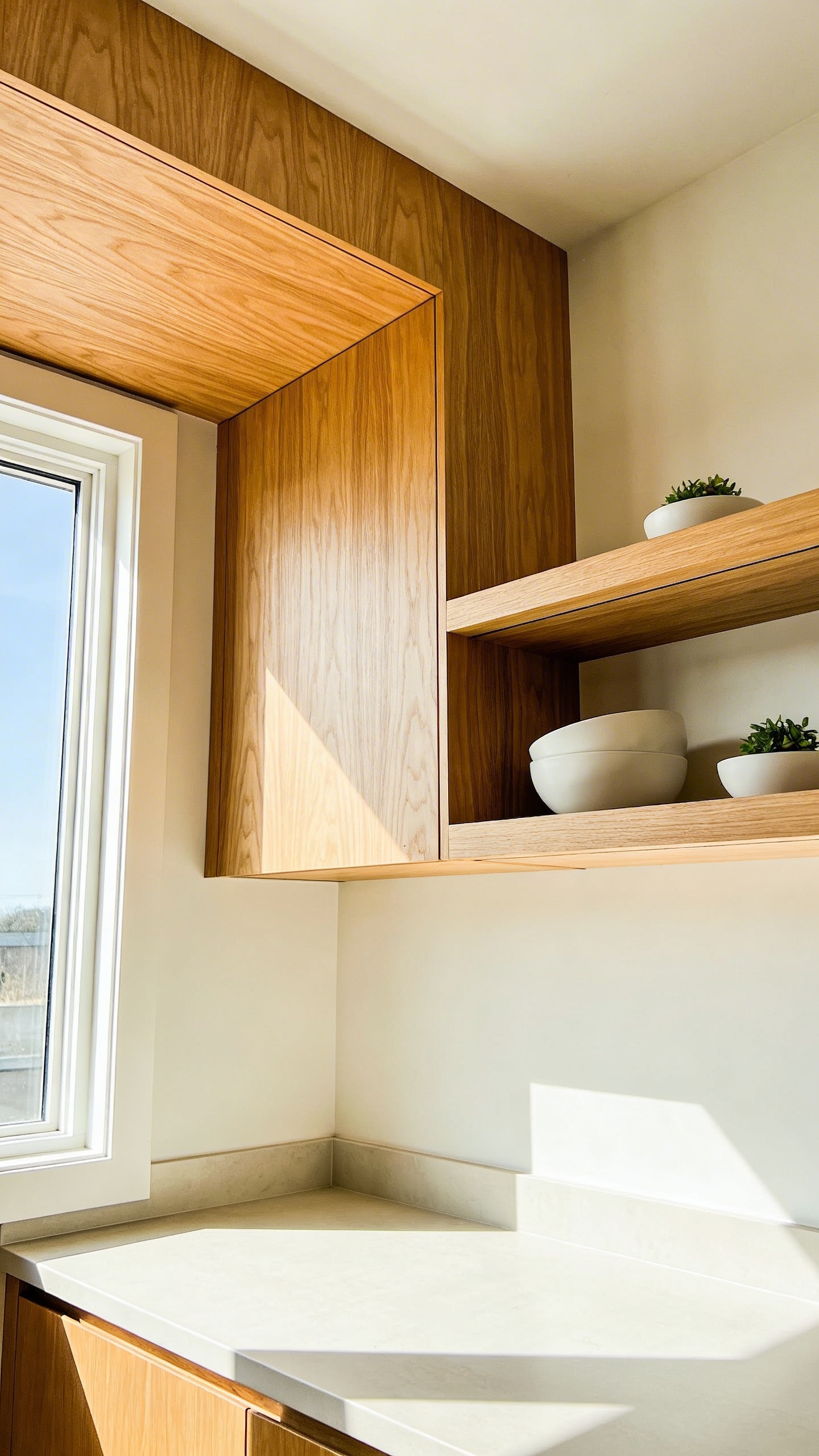 A bright modern kitchen corner featuring custom L-shaped wooden storage shelves with seamless mitered joints and natural light.