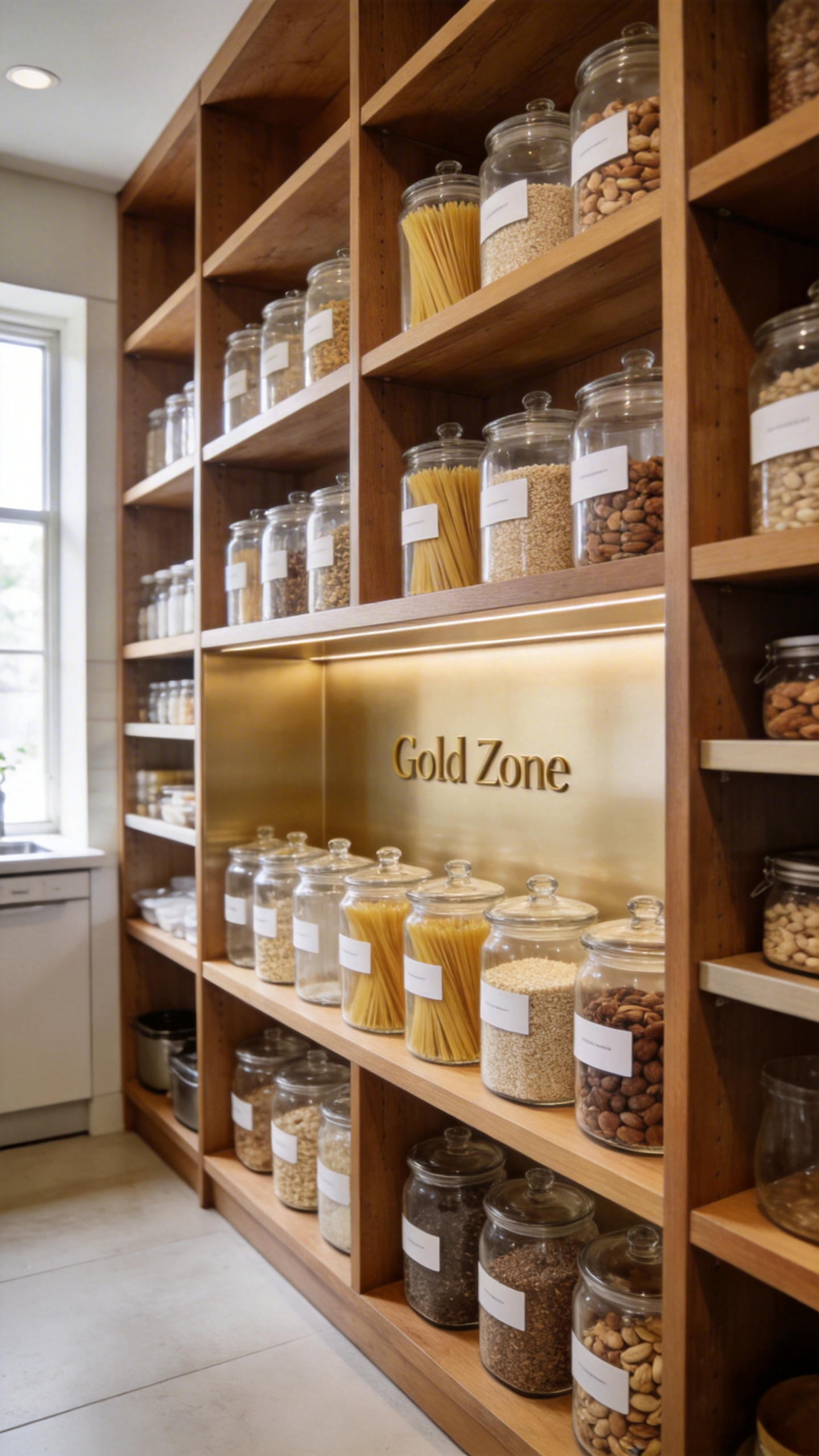A perfectly organized kitchen pantry featuring uniform glass jars on wooden shelves arranged for ergonomic accessibility.