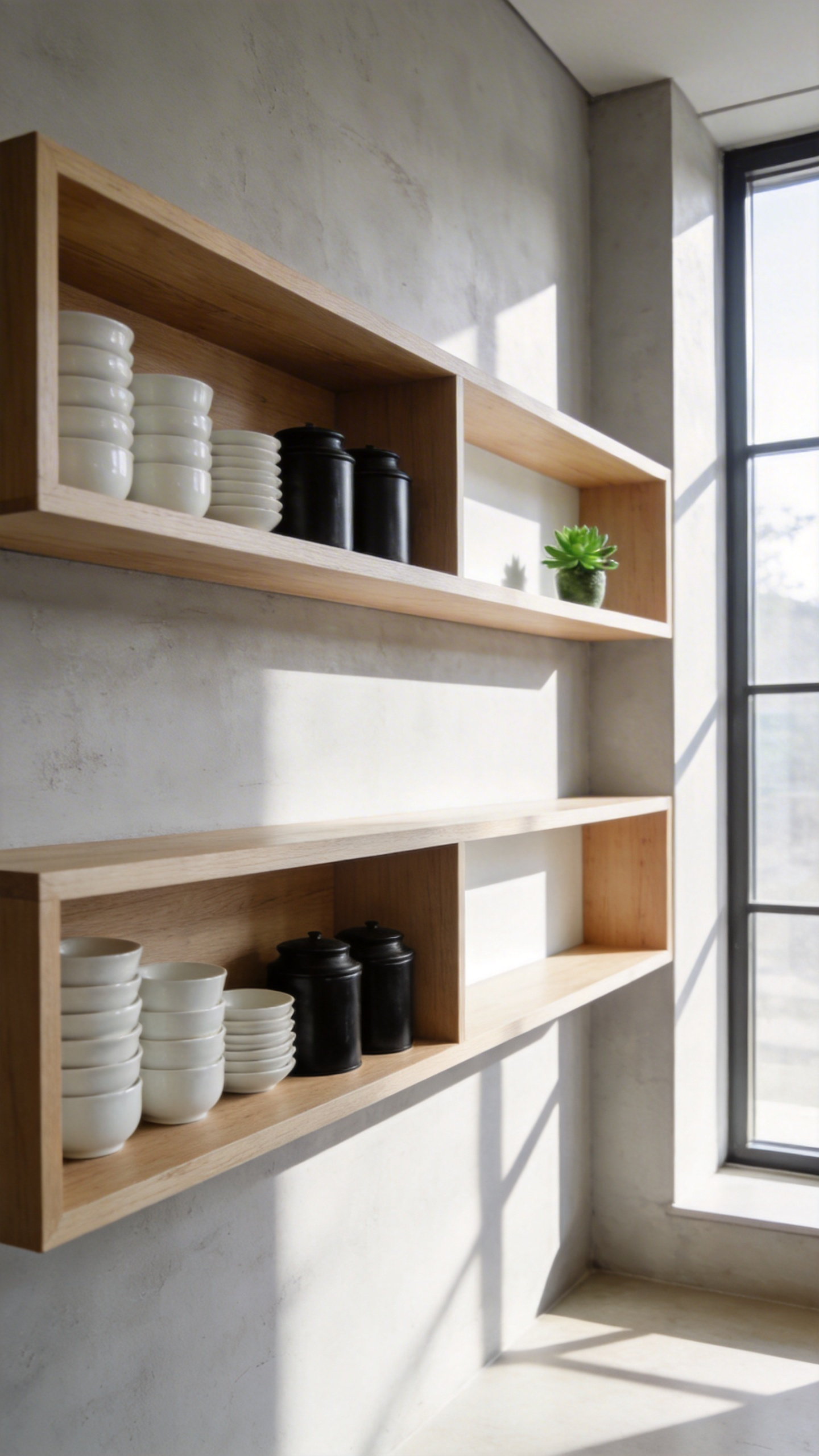 Minimalist kitchen with open wooden storage shelves styled with ceramic dishes and significant negative space to avoid clutter.