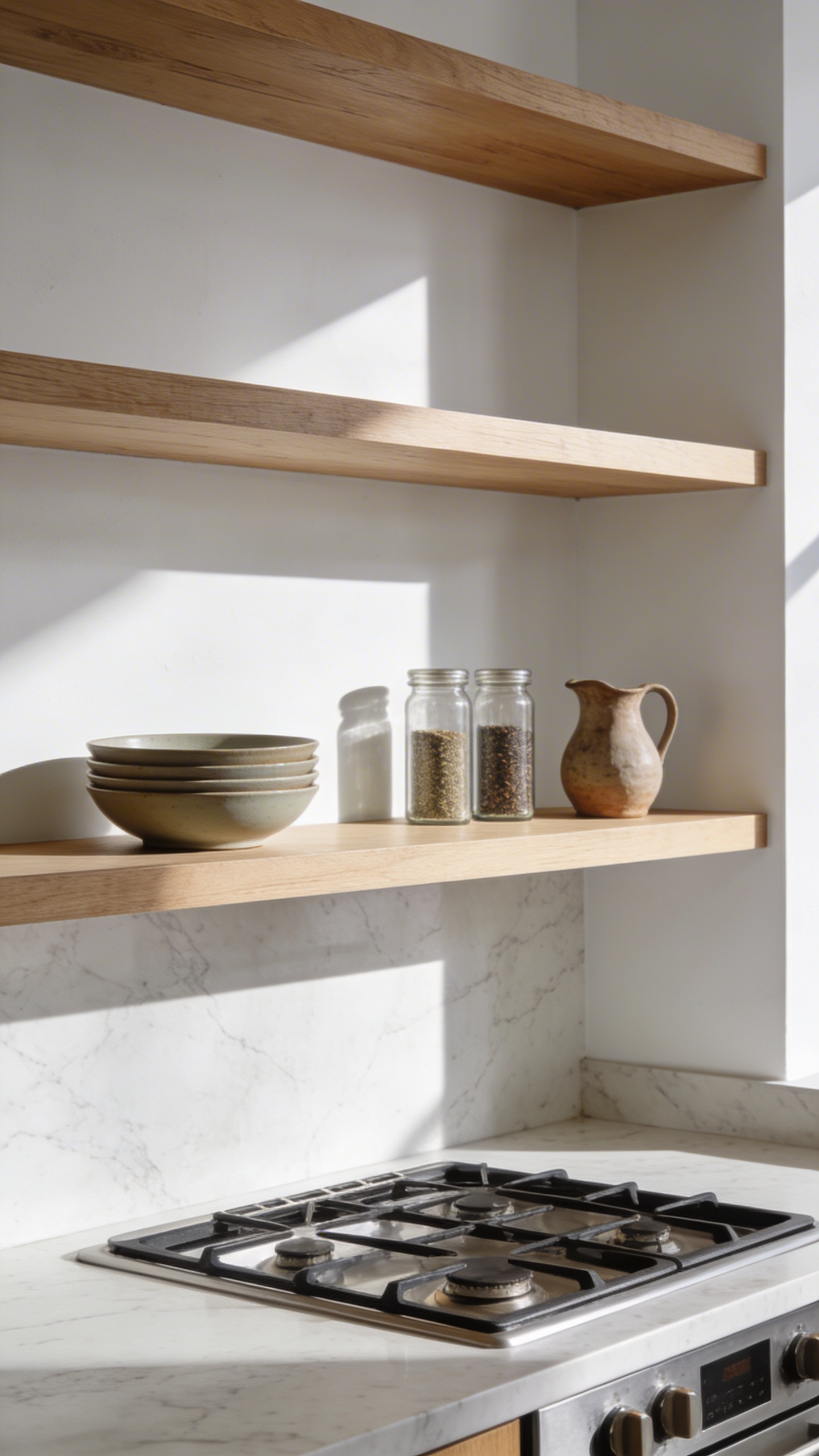 Minimalist open kitchen storage shelves with carefully spaced ceramics and glass jars highlighting the use of negative space for a calming design.
