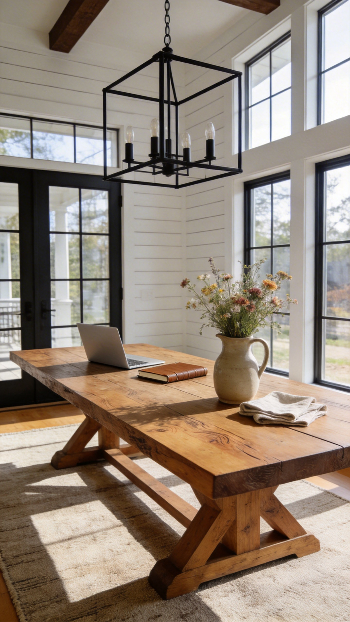A wide shot of a rustic solid wood farmhouse dining table in a sunlit room, featuring a laptop and a vase of wildflowers.