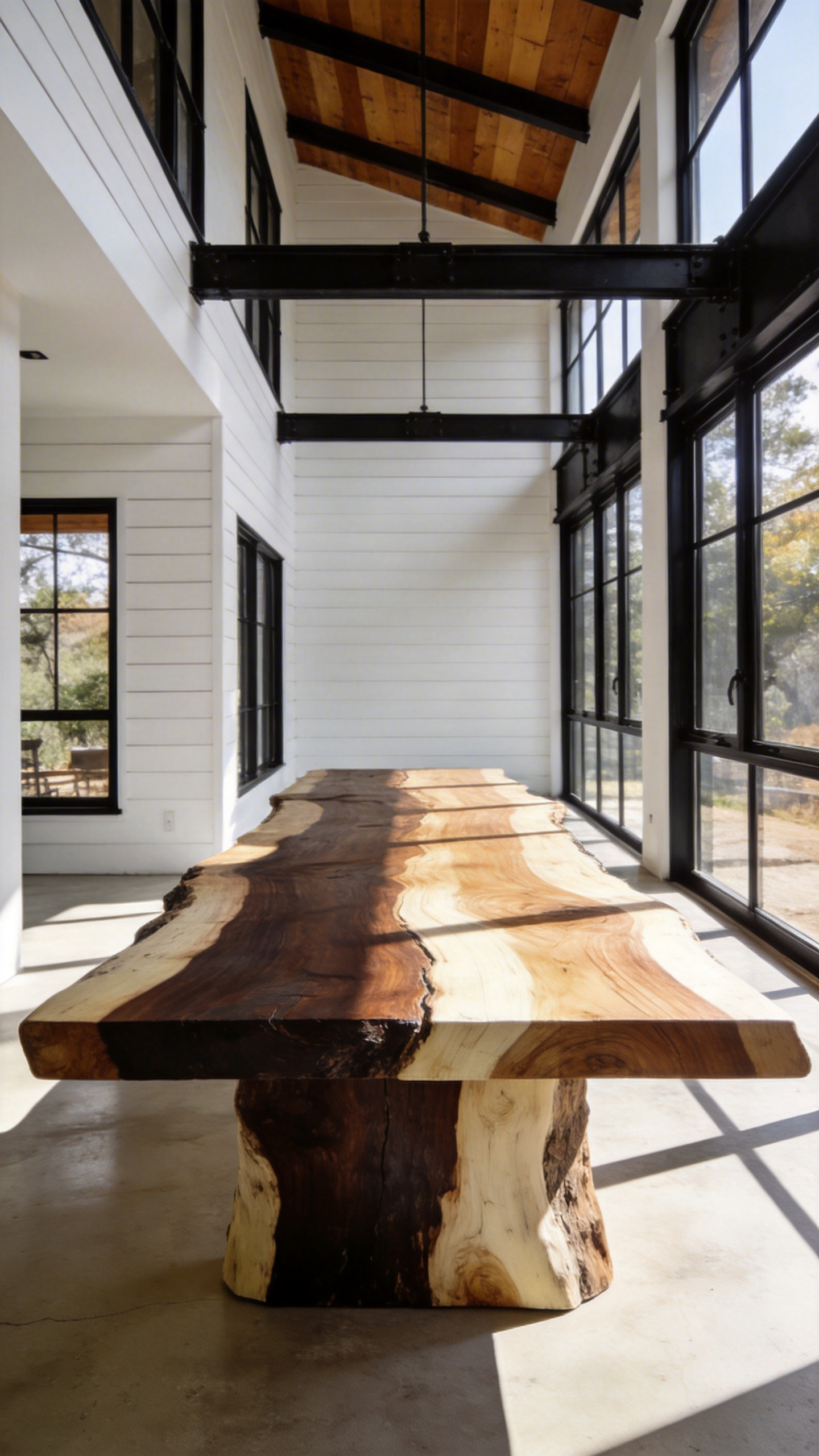 A large live edge farmhouse dining table with visible wood grain in a modern dining room with black framed windows.