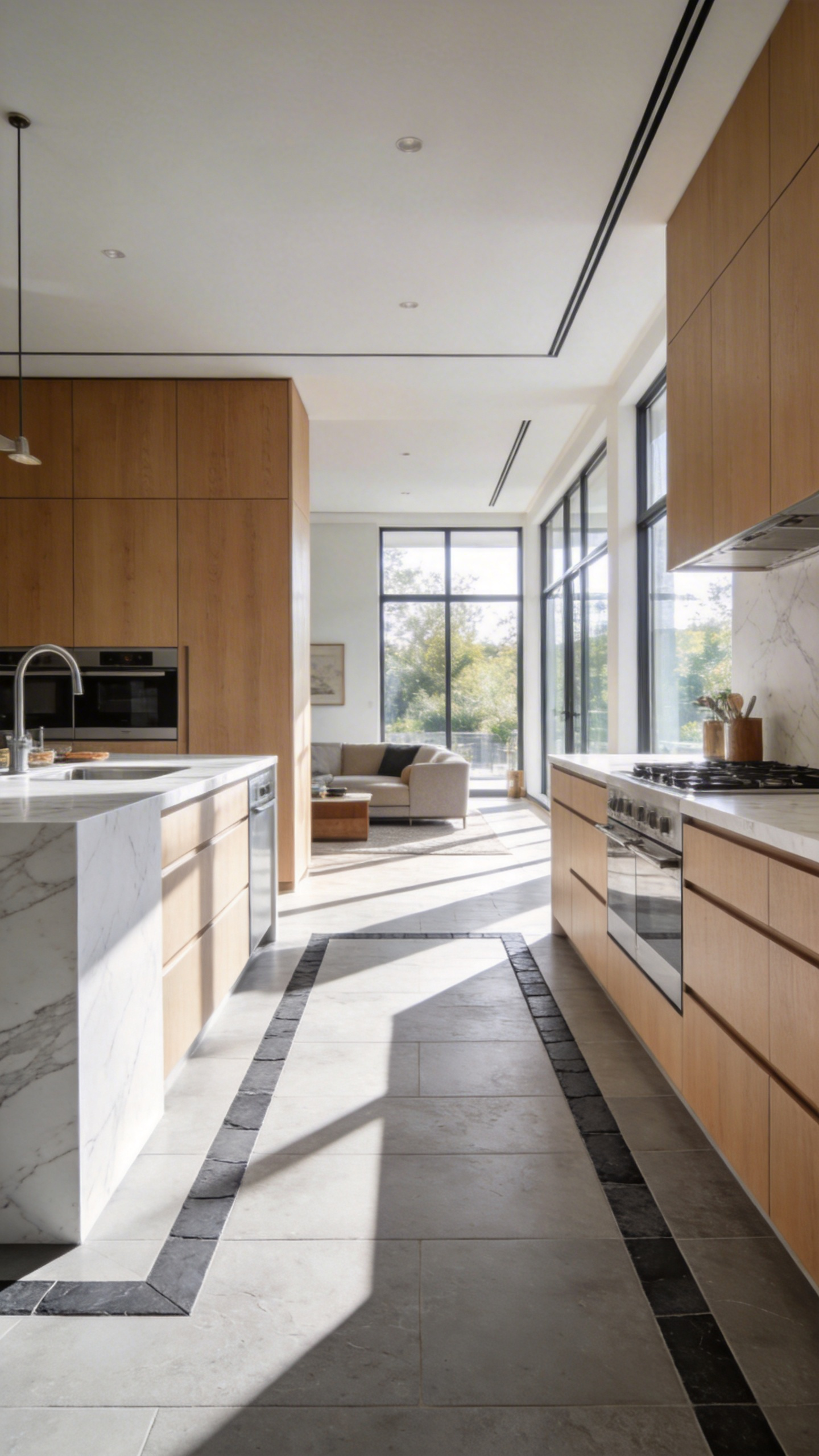 A high-end kitchen featuring light grey stone tile flooring with a darker grey stone border framing the workspace.
