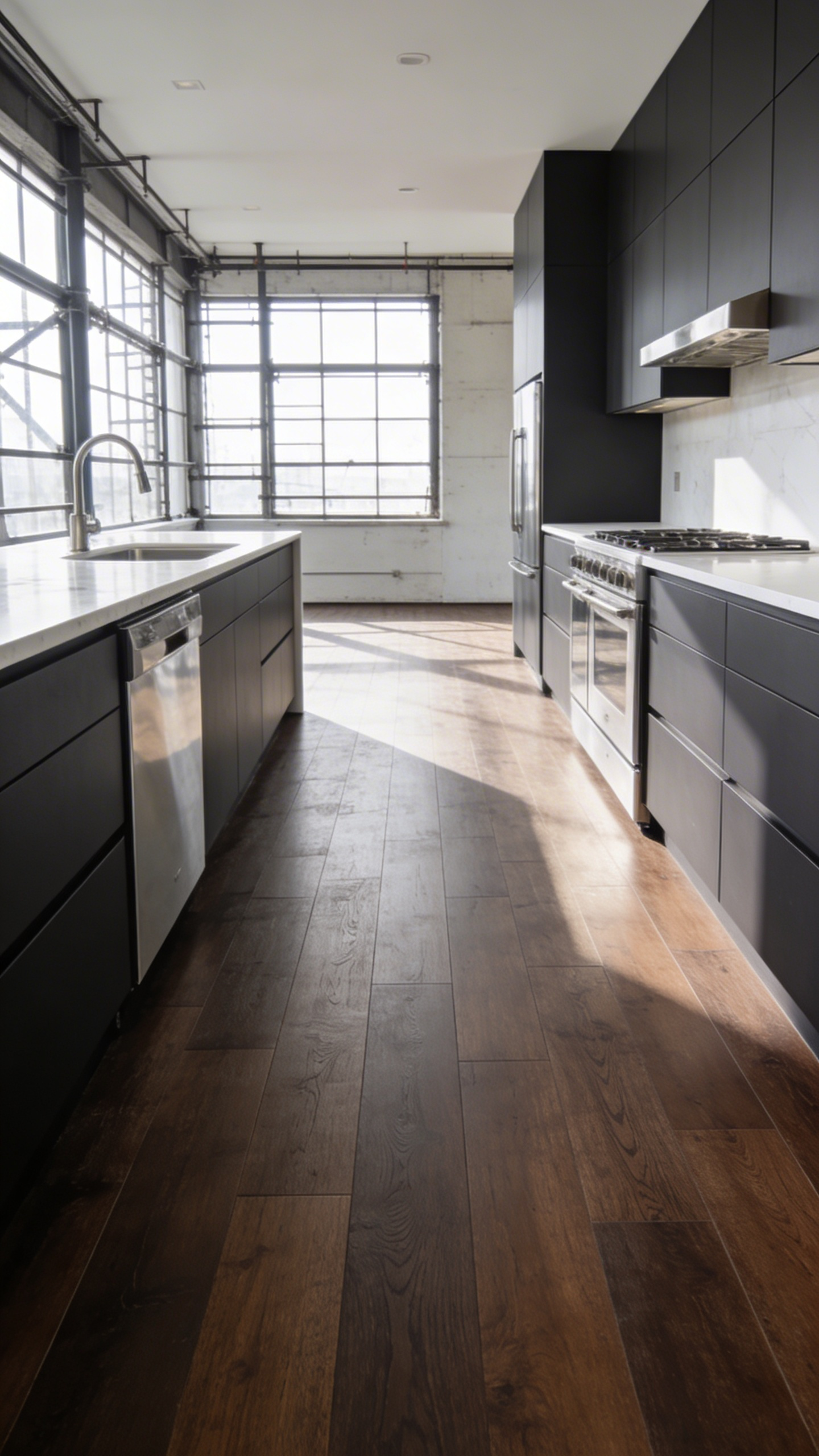 A modern kitchen featuring premium waterproof luxury vinyl plank flooring with a realistic dark oak wood texture.