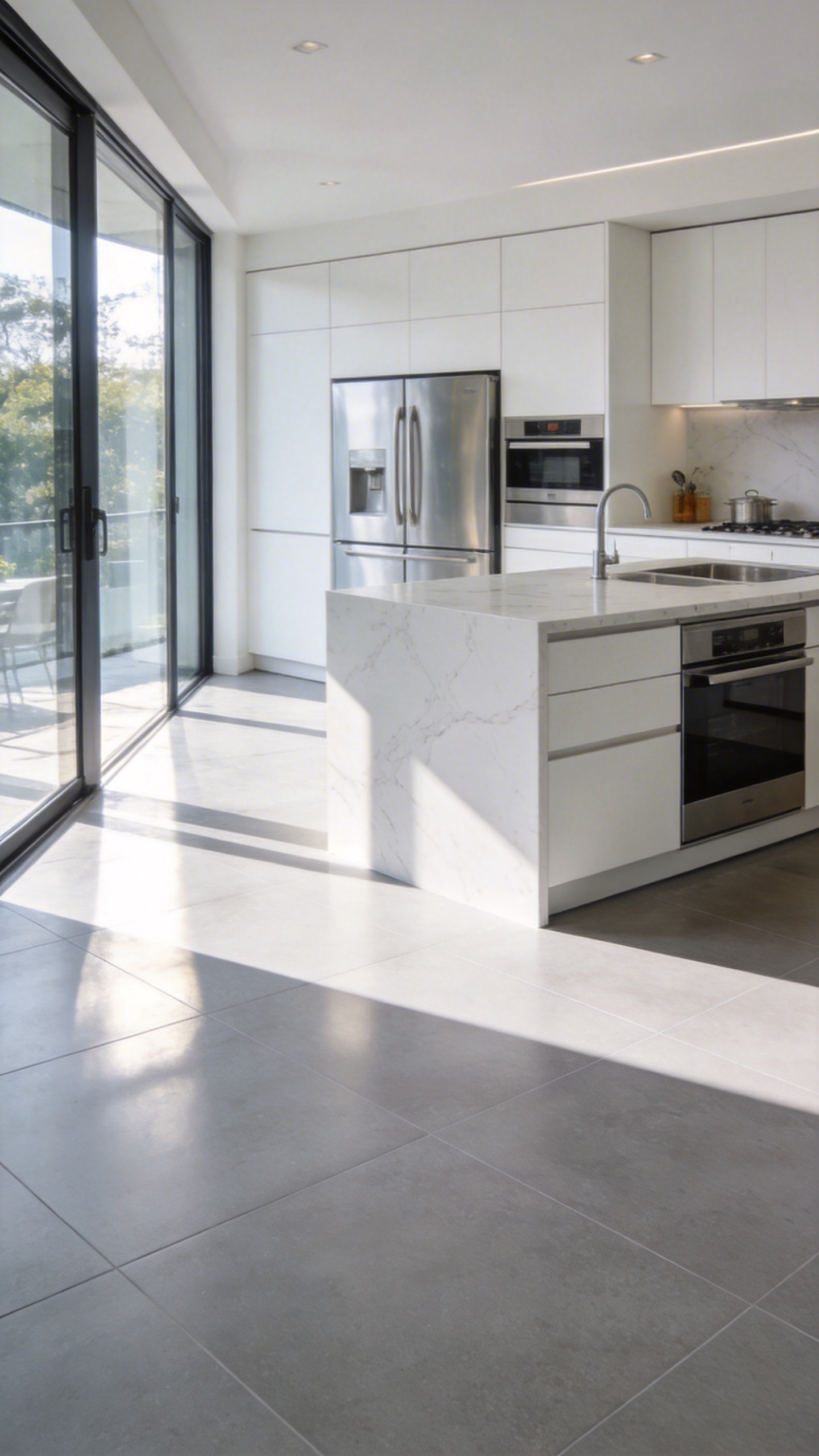 A spacious modern kitchen with light gray slip-resistant micro-grip floor tiles and minimalist white cabinetry.