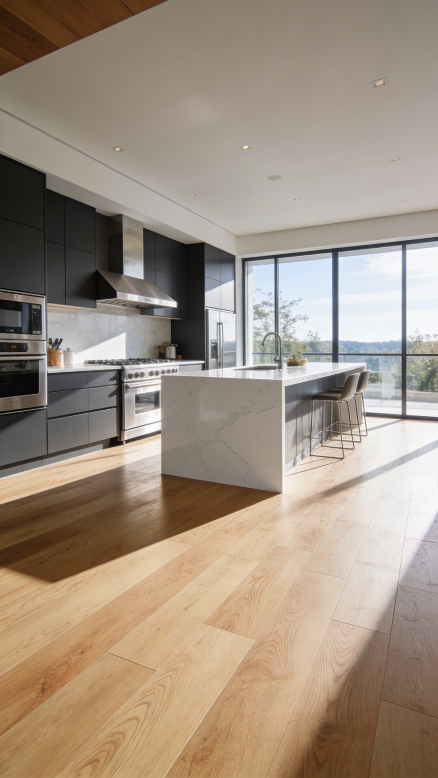 A modern kitchen featuring light oak engineered stone plastic composite flooring with matte charcoal cabinets and stainless steel appliances.