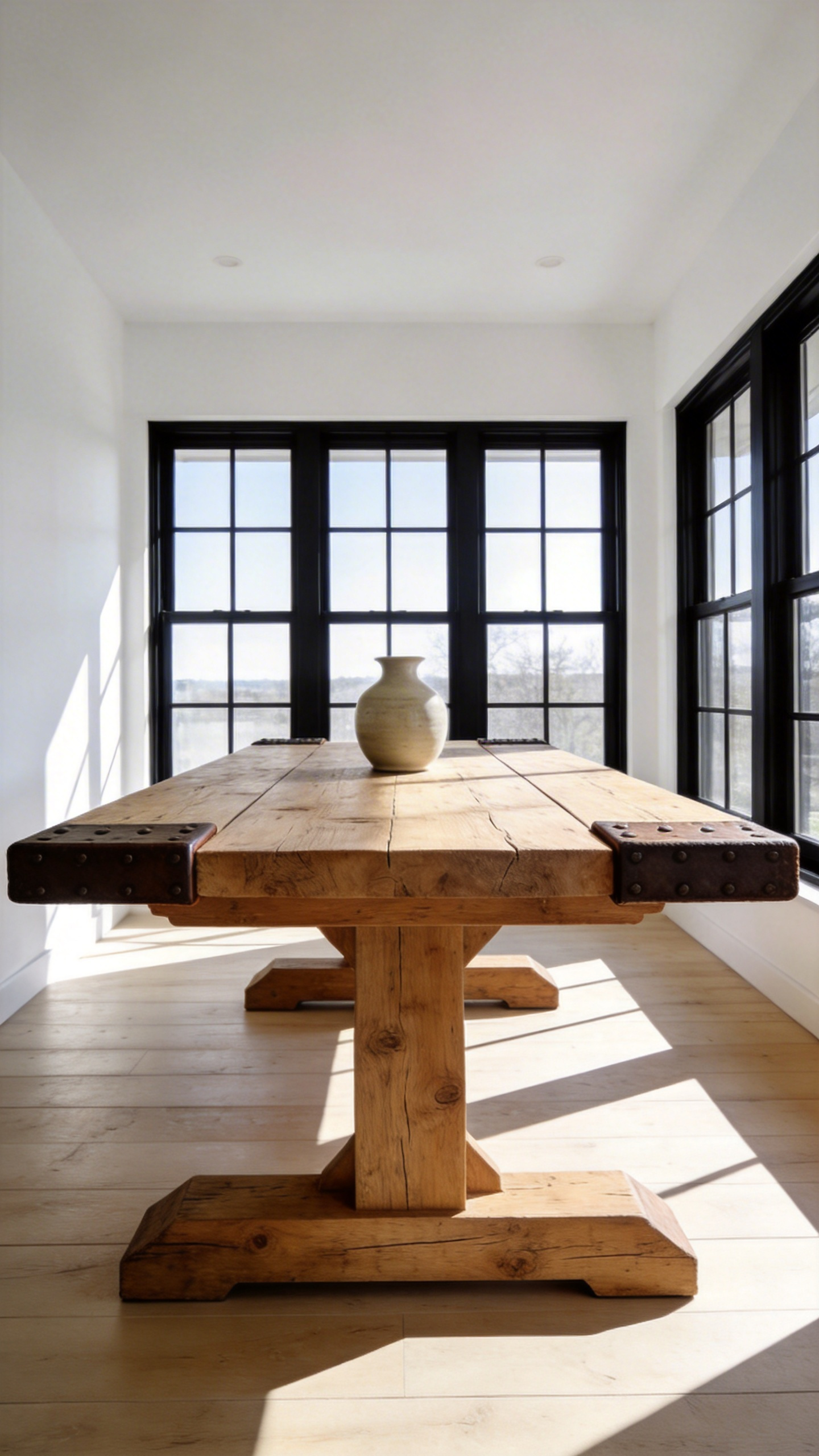 A solid wood farmhouse dining table with visible breadboard ends in a sunlit modern dining room.