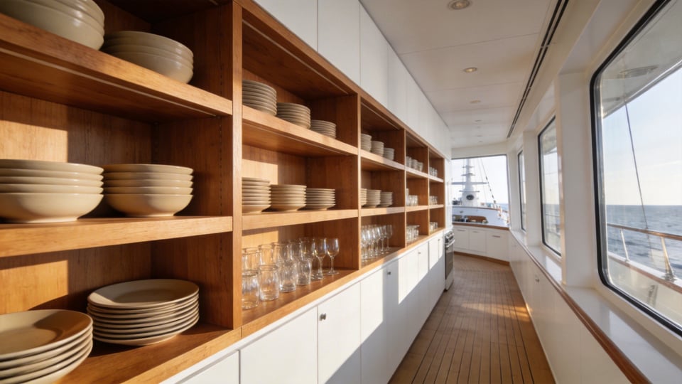 A wide-angle view of sturdy wooden kitchen storage shelves holding stacks of ceramic dishes in a sunlit modern kitchen.