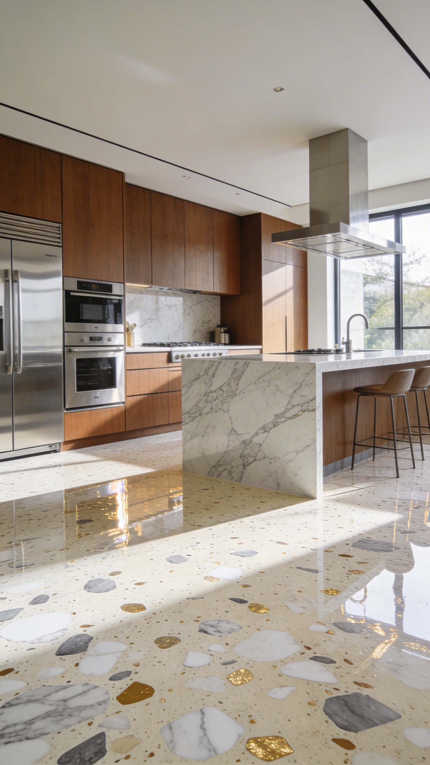 A spacious modern kitchen featuring a seamless poured-in-place terrazzo floor with multicolored marble aggregates and minimalist wood cabinets.