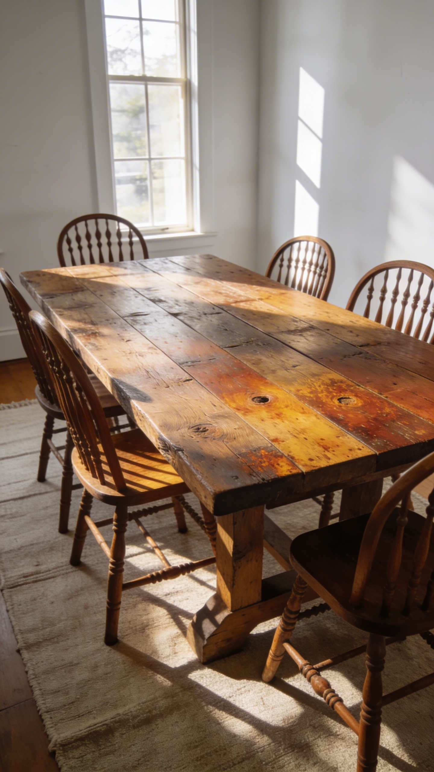 A wide shot of a rustic farmhouse dining table made of reclaimed pine with a weathered patina in a bright room.