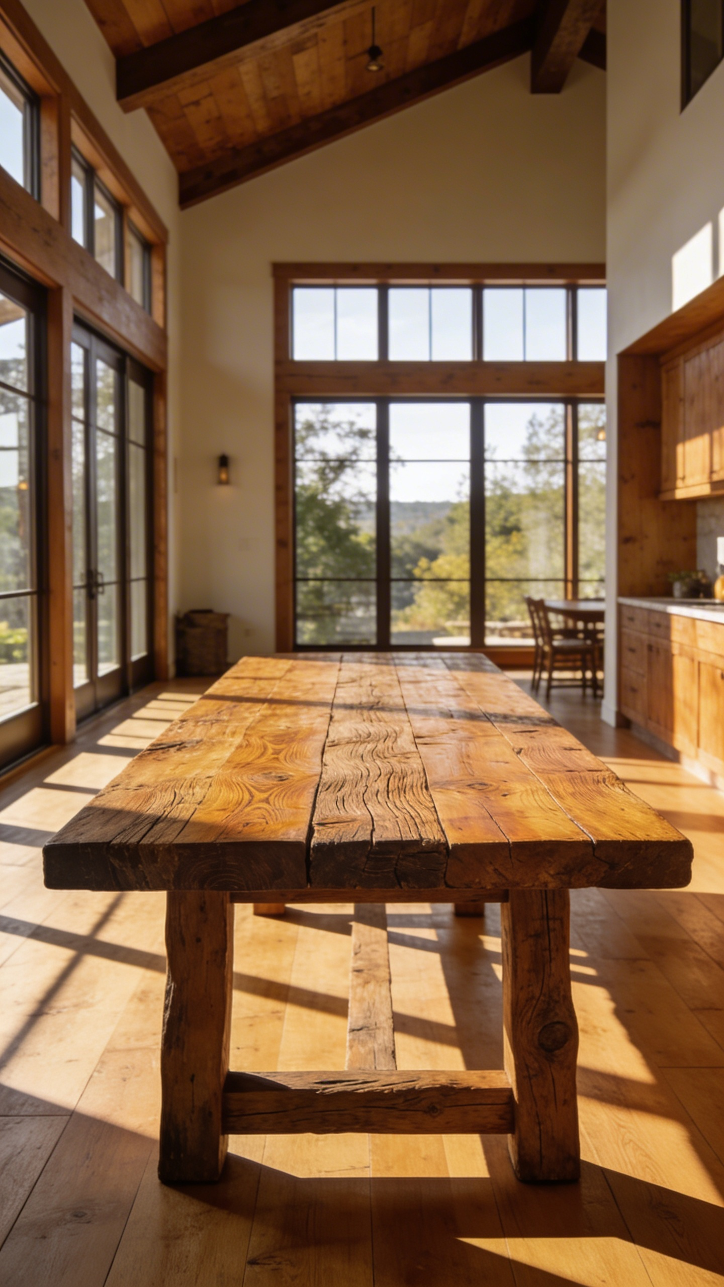 A solid farmhouse dining table made of dense reclaimed wood with visible grain patterns in a sunlit dining room.